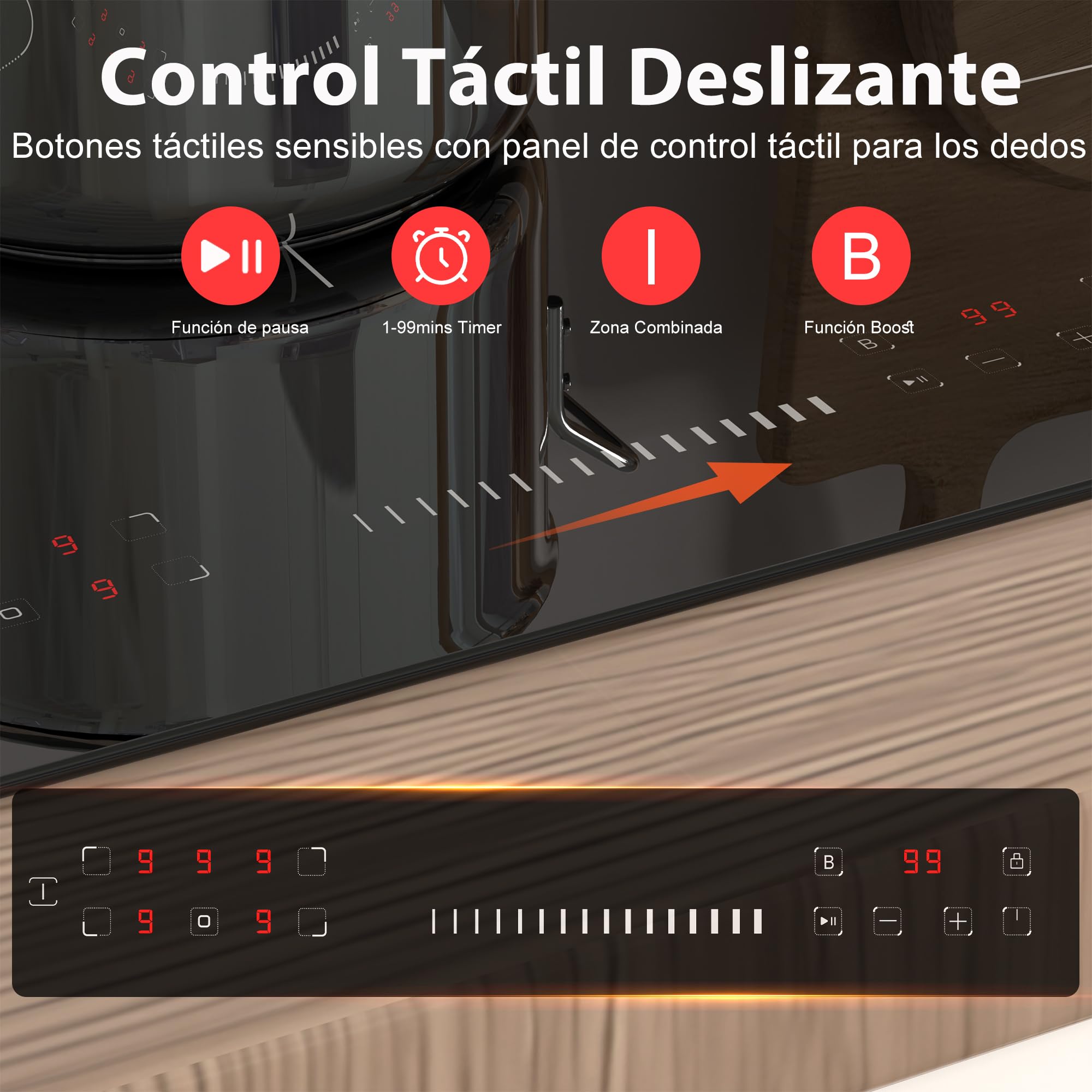 Placa Inducción 5 Zonas, Placa Inducción Integrada de 90cm Autosuficiente | Hobsir, 7200W, Zona Flexible Para Grill, Control Táctil Deslizante, Bloqueo de Seguridad, Función Boost, 240v, Sin Enchufe