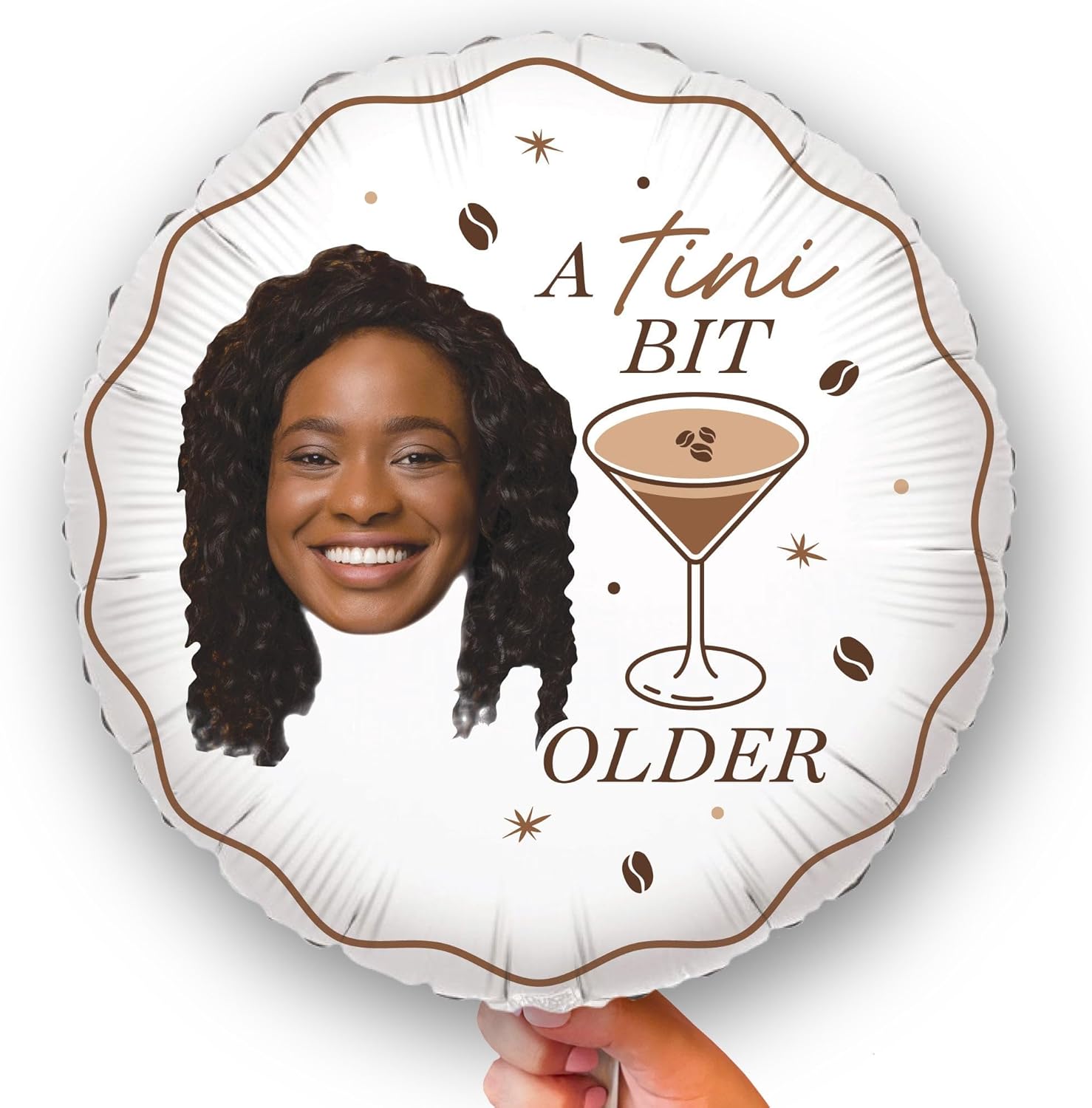 Big Dot of Happiness Personalized Espresso A Tini Bit Older Fun Face Photo Balloon, Coffee Martini and Cocktail Birthday Party Decoration, Custom Double-Sided Circle Mylar, 1 Piece
