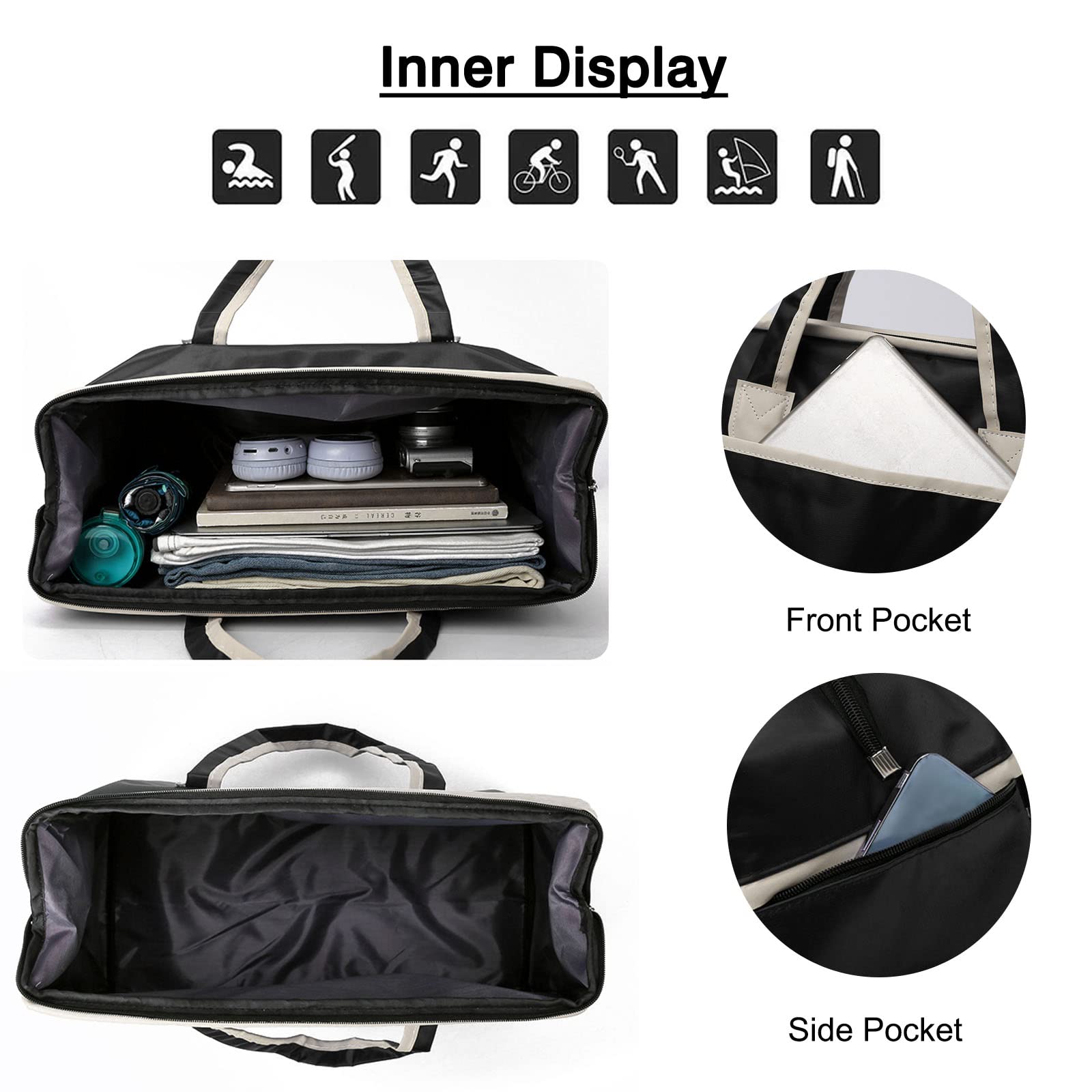 FANDARE Borsone da Viaggio Borse da palestra Borsoni da palestra Sportiva Tote da viaggio Borsa Sportiva Weekender Donna Uomo Piscina Palestra Borsa a Spalla Grande Capacità Borsa a Tracolla Nero