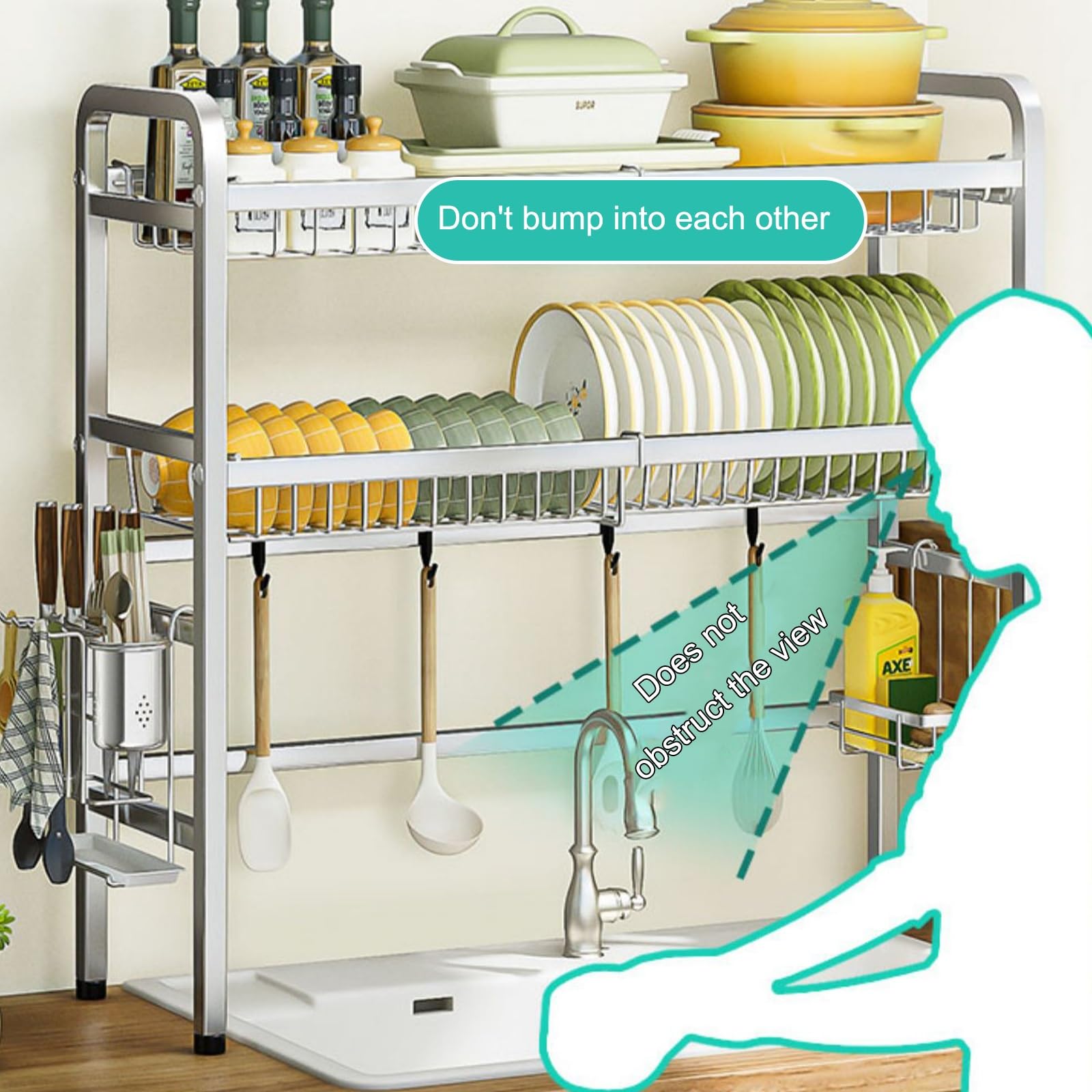 Abtropfgestell für Geschirr über der Spüle Abtropfgestell mit Besteck- und Küchenutensilienhaltern platzsparend für die Küchenarbeitsplatte Organizer über der Spüle (Silber 2 87 cm/34 3 Zoll)