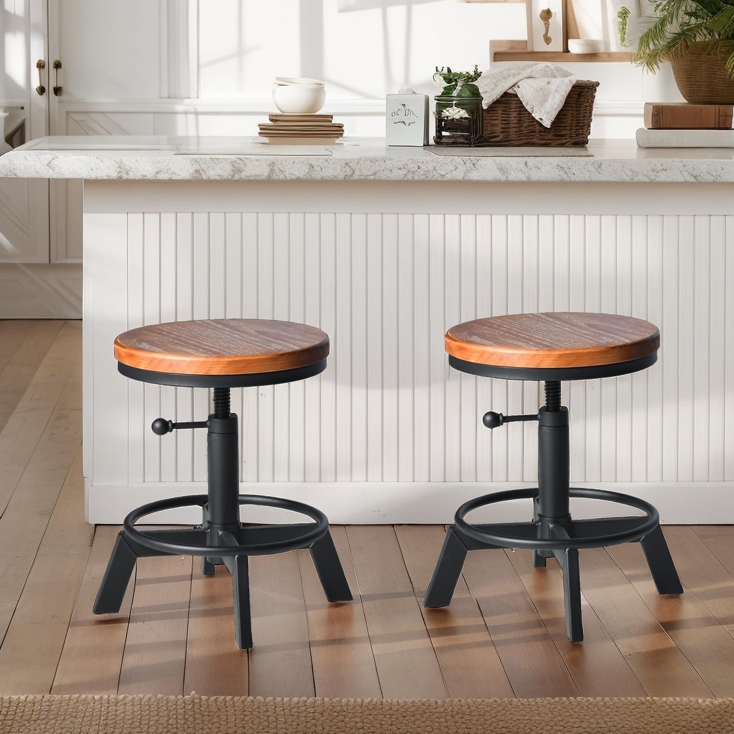 Set of 2 Industrial Bar Stools Short Stool Swivel Wooden Seat Kitchen Island Chairs Counter Height Adjustable 15.2-21inch