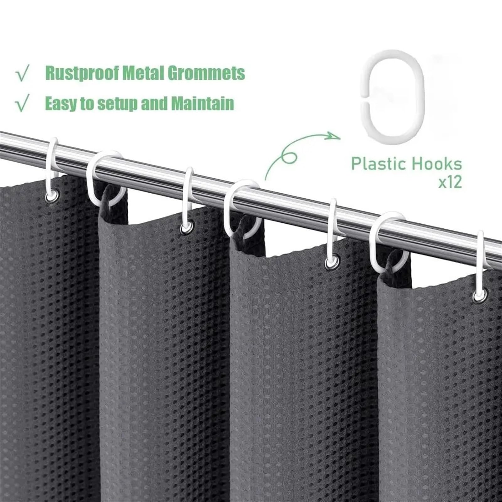 Duschvorhang 2 Stück wasserdichter, Schlichter Waffel-Duschvorhang, einfarbig, Polyester mit Haken, Badezimmer-Trennwand