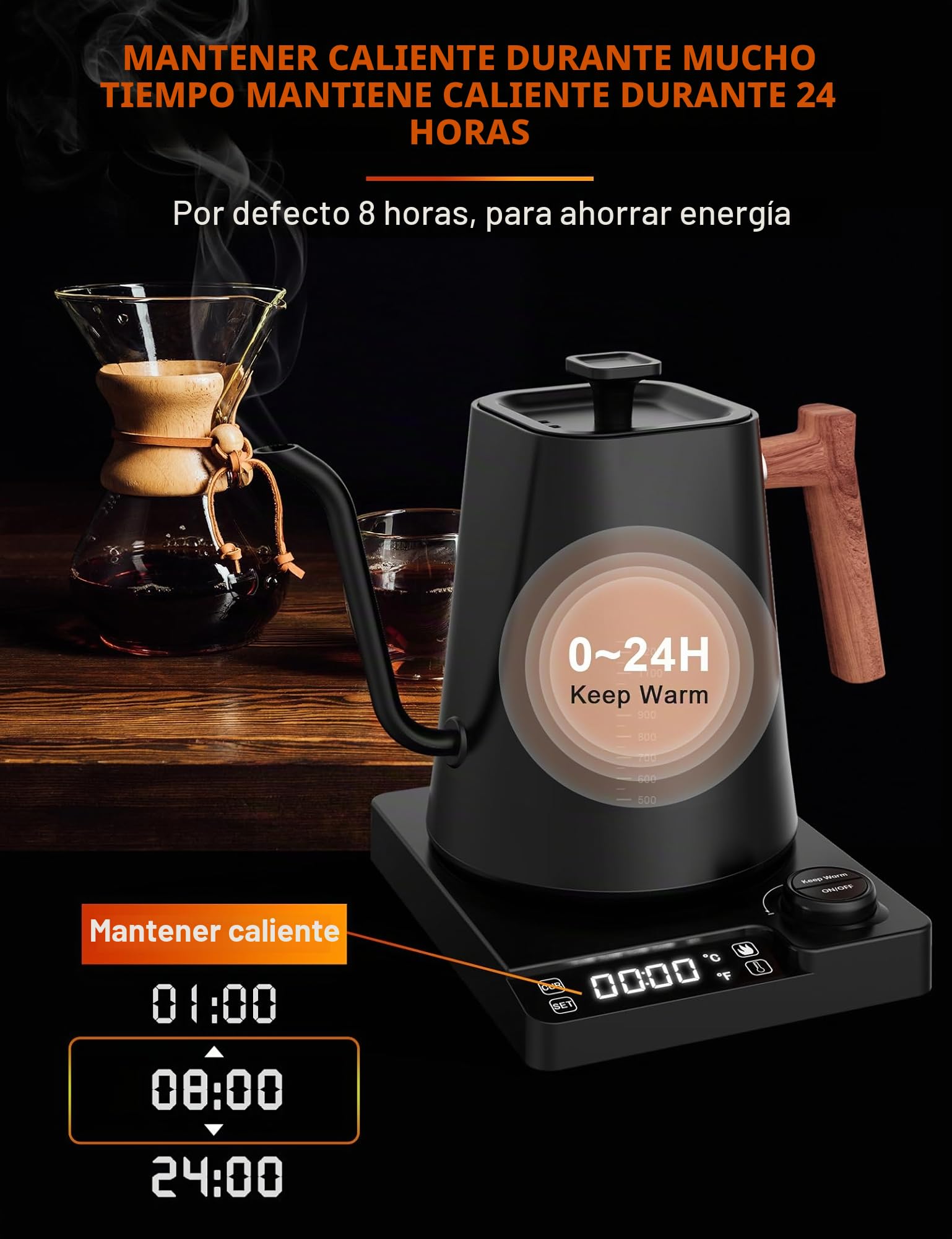 Hervidor de agua de acero inoxidable con ajuste de temperatura, hervidor de cuello de cisne, 24 horas, tetera eléctrica con indicador de temperatura, hervidor de café, 1L, 1200W