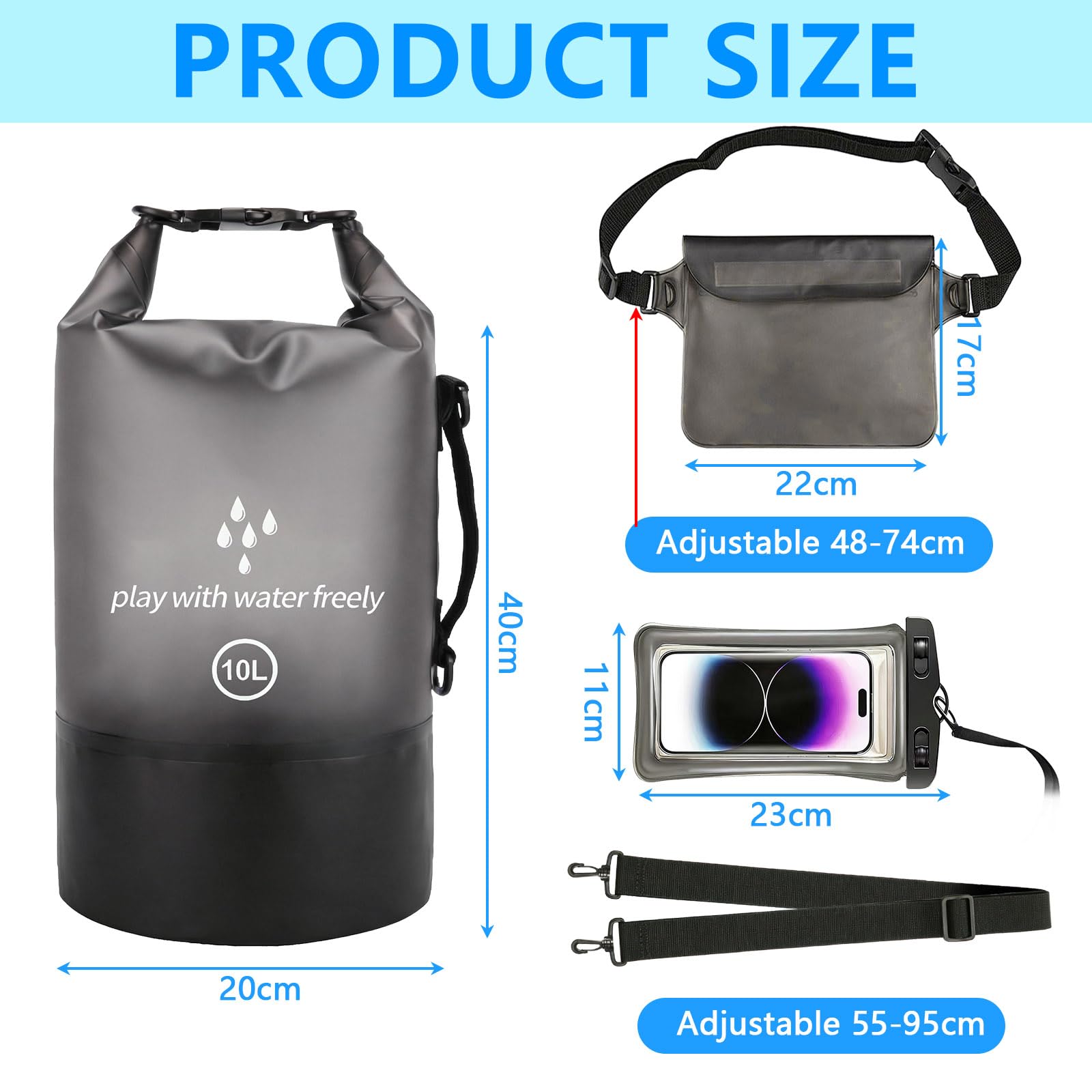 Dry Bag 10L Sacca Impermeabile con Marsupio e Custodia per Telefono Sacca Stagna Borsa Impermeabile per Barche Kayak SUP Sport Acquatici e Camping - Nero