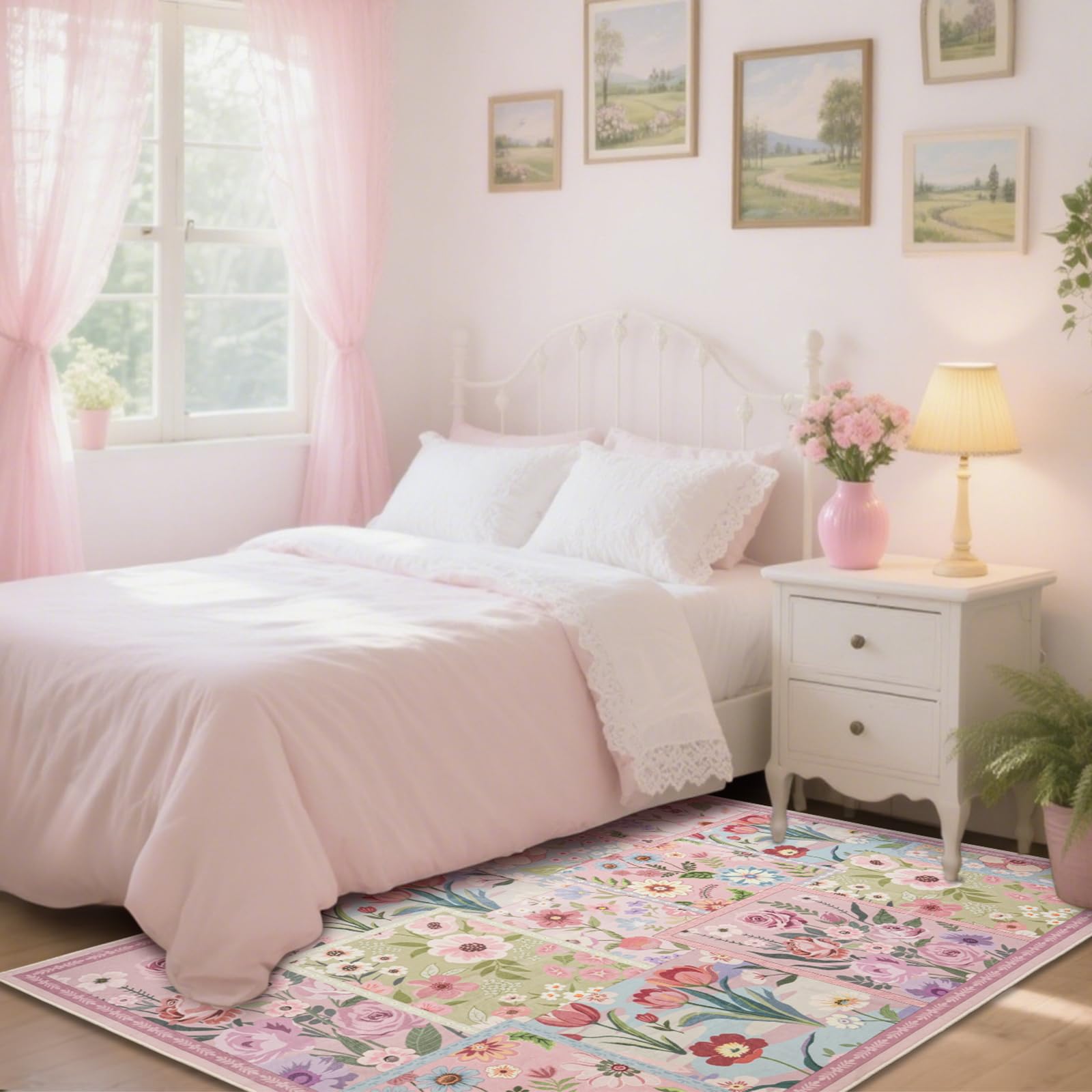 MOSISO 152 x 213 cm Tappeto Soggiorno, Motivo Floreale Intrecciato, Morbido | e Antiscivolo Interni Pelo Corto Finta Lana Rettangolare Lavabile per Arredo Casa,Comodino, Camera Letto,Sala Pranzo, Rosa