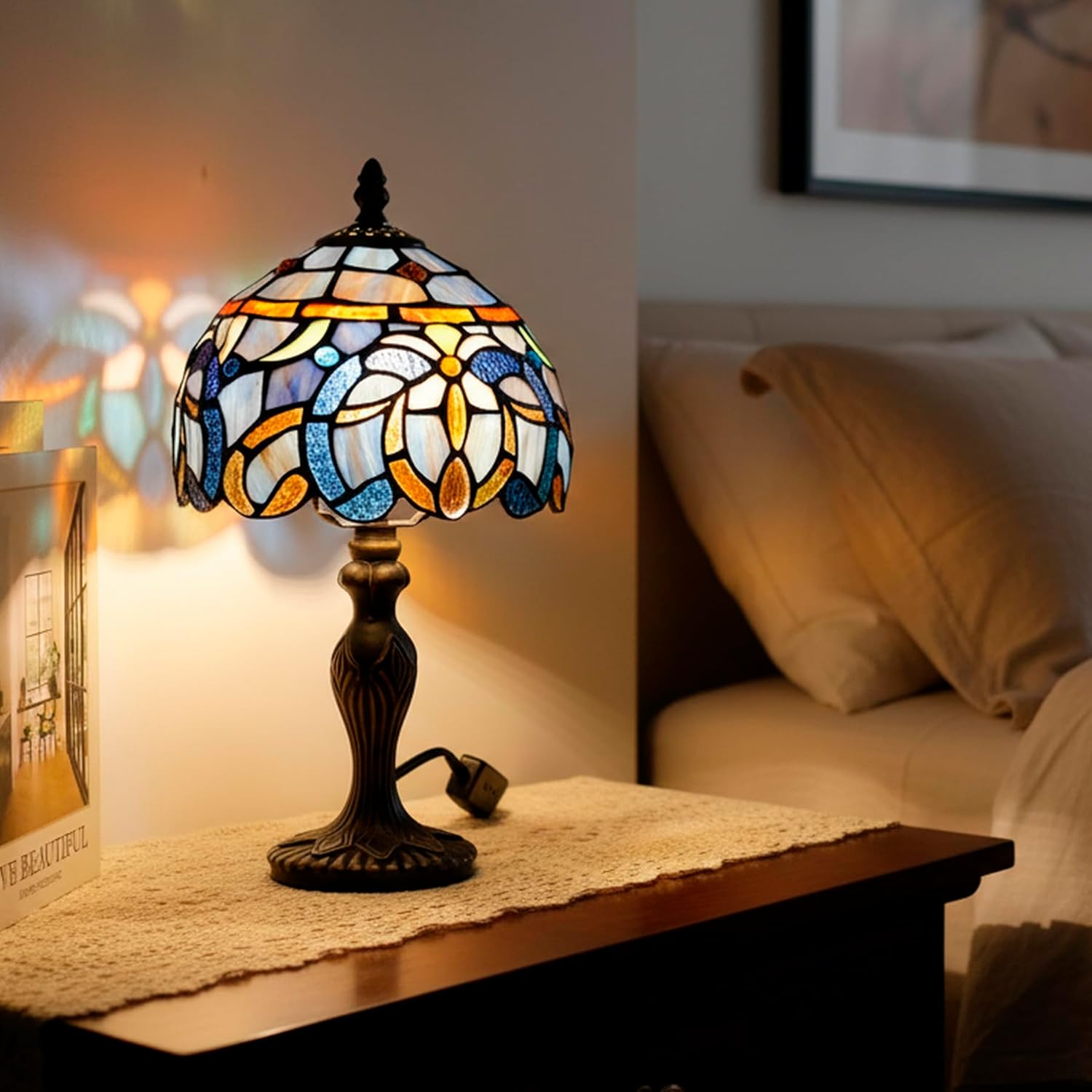 Small Tiffany Lamp Stained Glass Table Lamp Mini Desk Accent Light for Bedroom Bedside Reading Home Antique Style Decor 8X15 Inches (Blue Purple)