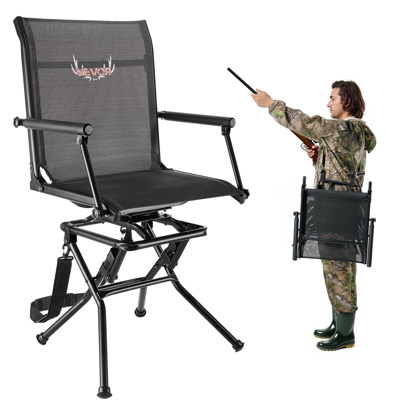 VEVOR Silla de Caza Giratoria Silenciosa de 360°, Plegable, Ligera y Portátil, con Estructura de Acero Resistente, Asiento Tipo Taburete, Reposabrazos y Correa Transporte Ajustable, Carga 136 kg