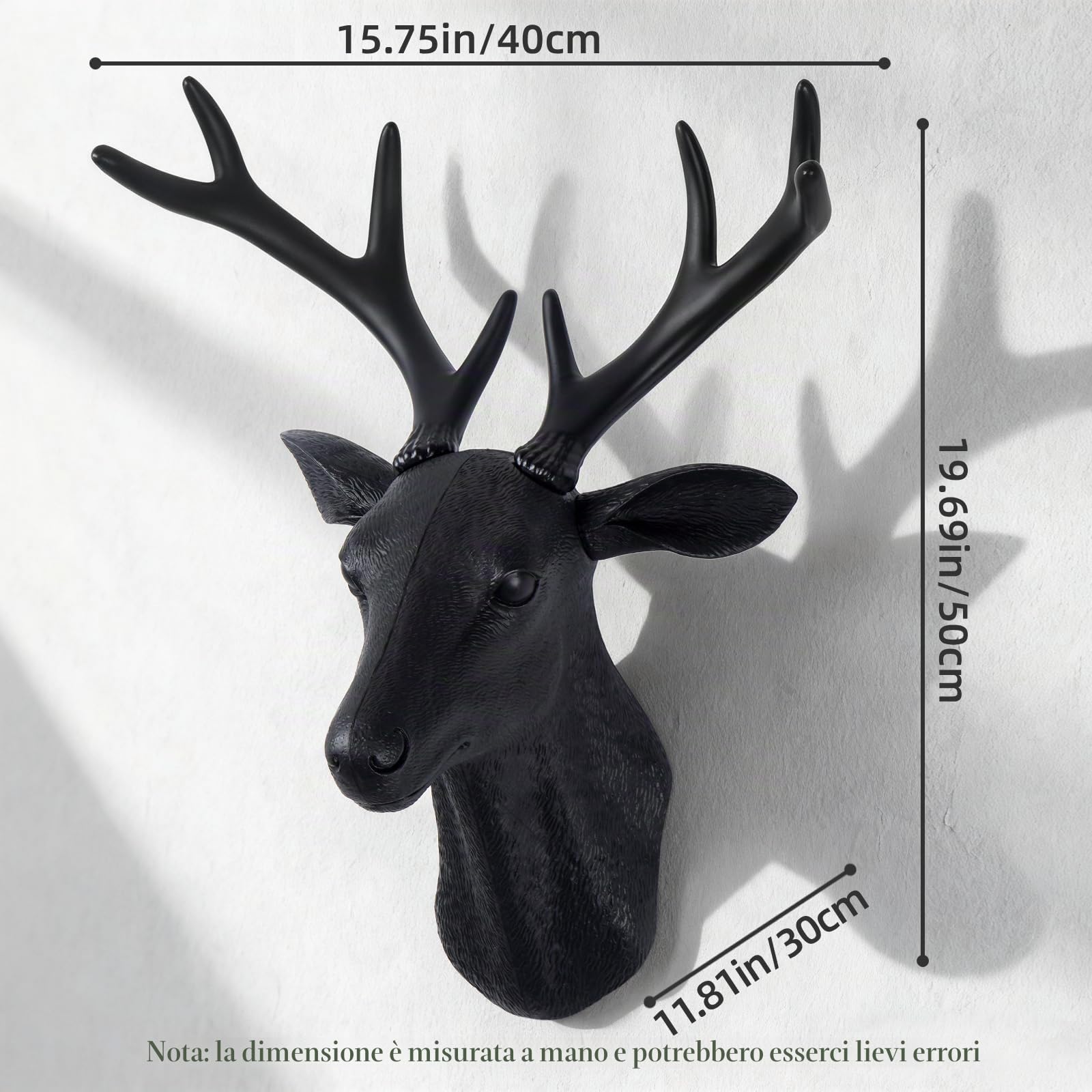 Decorazione da parete con testa di cervo, 50,8 cm, con testa di cervo in finto finto taxidermy, decorazione da parete fatta a mano, decorazione rustica da parete con corna di cervo (cervo nero)