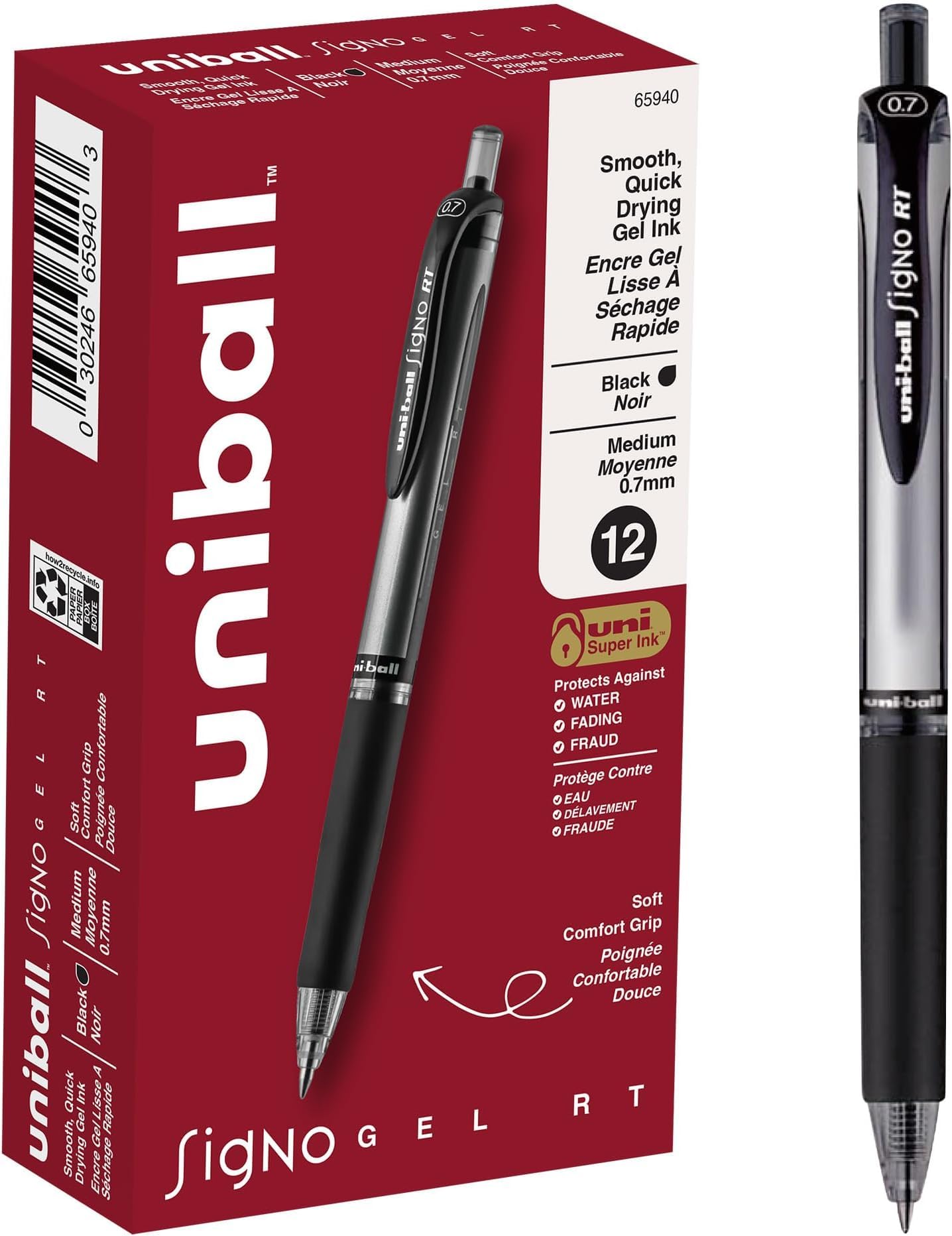 uniball Signo Gel Pen, Retractable, Medium 0.7 Mm, Black Ink, Black/metallic Accents Barrel, (Pack of 144)