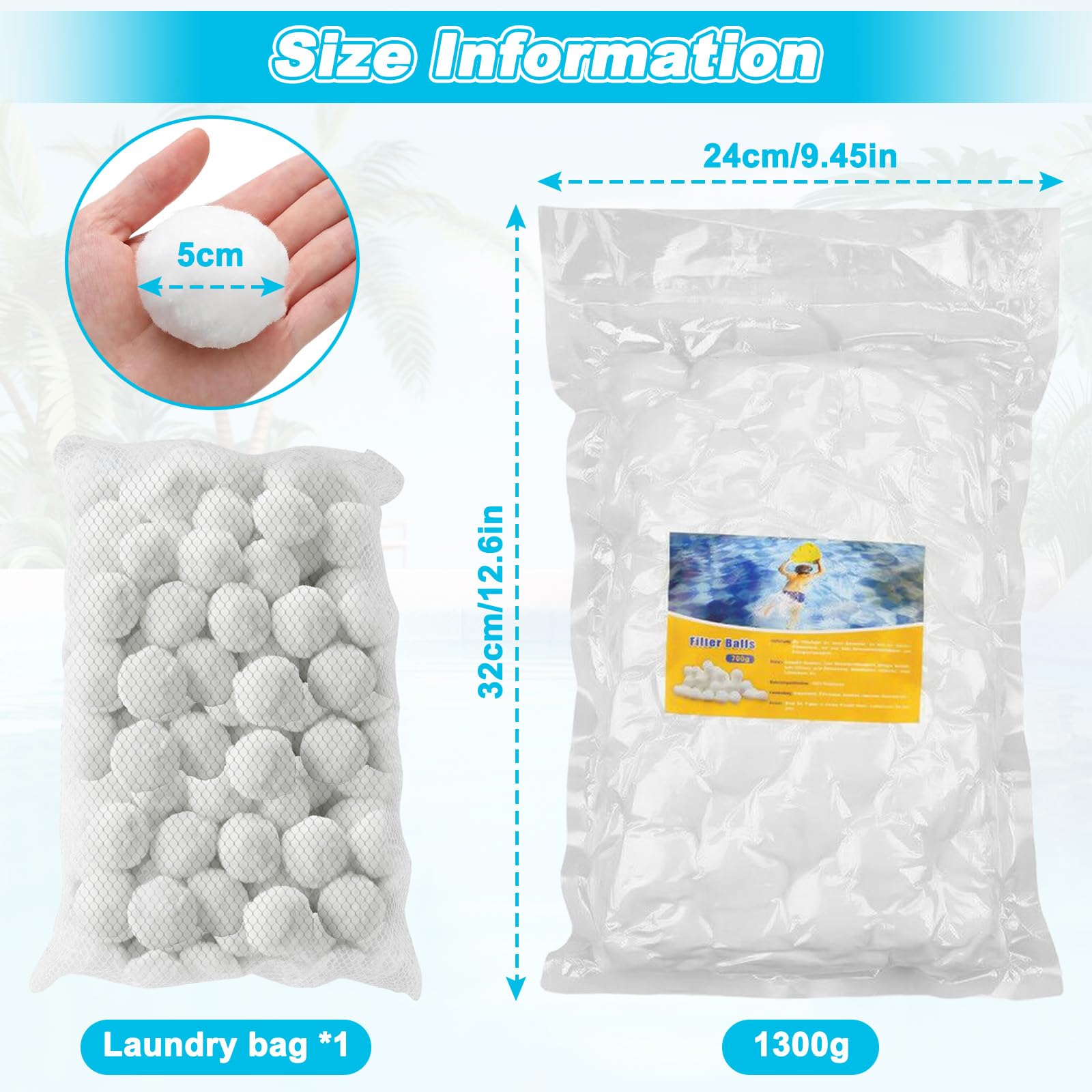 1300g Bolas Filtros Piscina con Red Lavandería, Bola Depuradora Reutilizables para Sistemas Filtración Arena, Bolas Filtrantes Puede Reemplazar Filtro Arena 45 kg para Acuarios (Blanco)