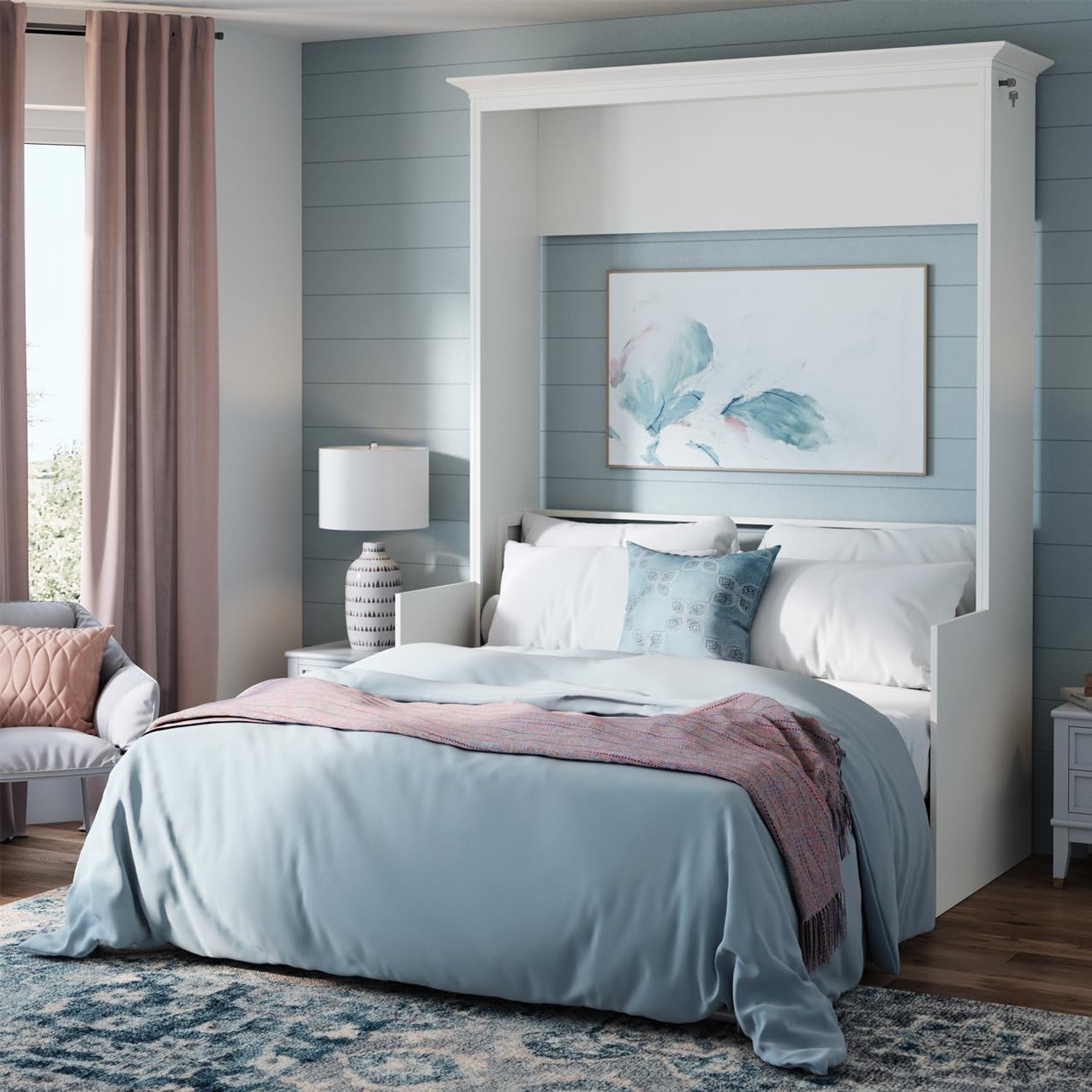 Xtraroom Alegra Full Murphy Bed with Desk | Engineered and Solid Wood Construction | Smooth Painted Finish - NO Melamine Used | Perfect for a Home Office Guest Bed (Warm White)