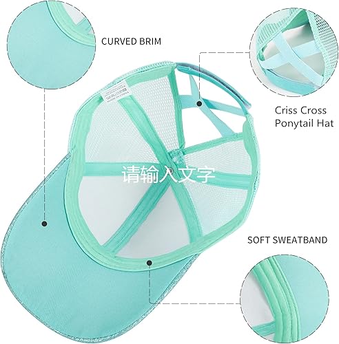 Miniatura 6 de Gorra de béisbol con purpurina para niñas, sombrero cruzado para niña, gorra de cola de caballo alta para niña, gorra de camionero con cola de