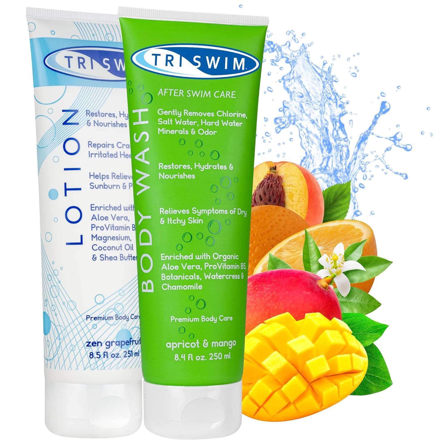 TRISWIM - Pacchetto di Cura del Corpo per la rimozione del Cloro per nuotatori, Lozione Corpo Anti Cloro, Bagnoschiuma per la Rimozione del Cloro, Docciaschiuma After Swim Care (250+251 ml)