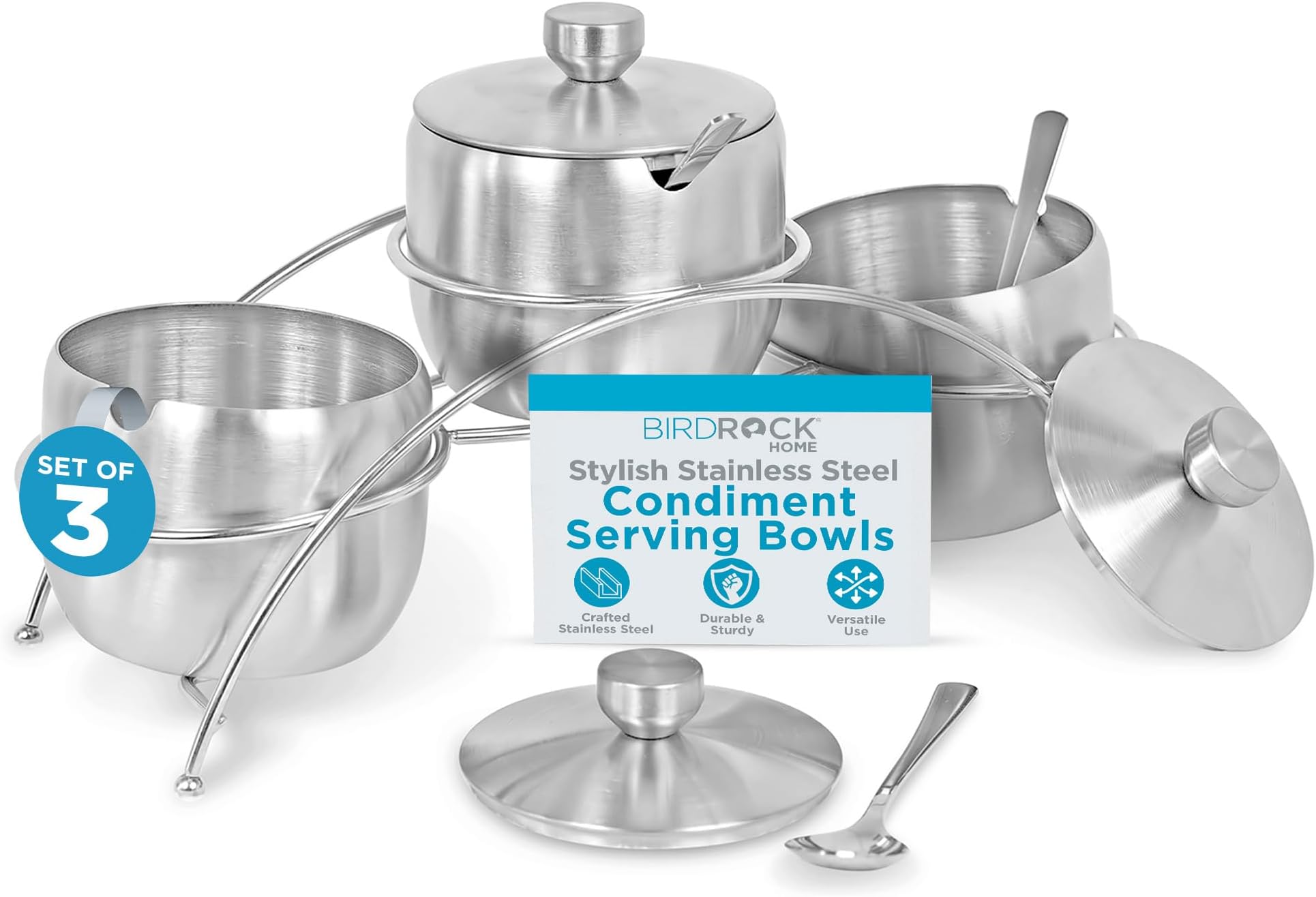 Internet's Best Condiment Serving Bowls with Stand - Set of 3 - Catering Hosting Serving Dish Set with Lids and Spoons - Stainless Steel