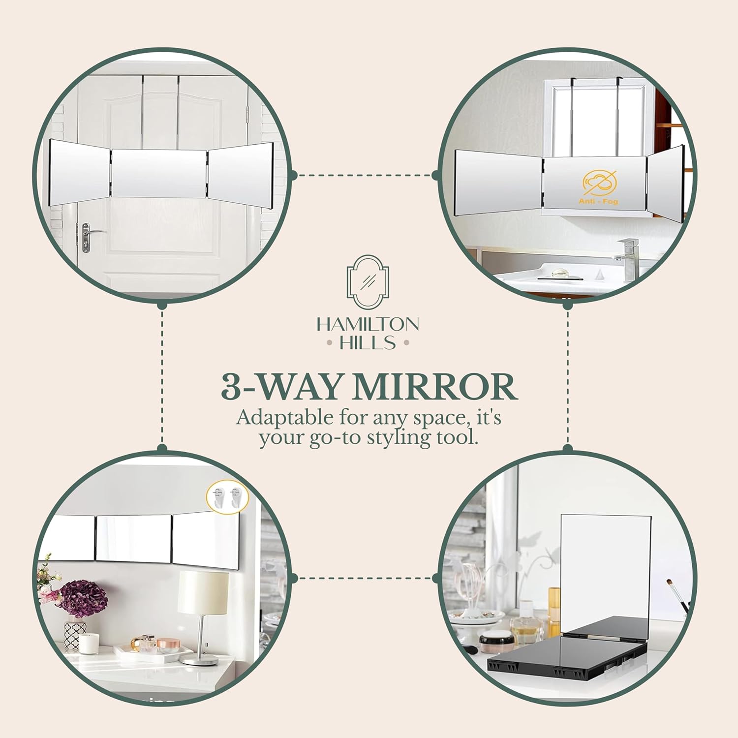 Hamilton Hills Adjustable Trifold Mirror - 360 Degree 3-Way Barber Mirror for Hanging or Wall Mounting - Triple-Section Panel for Haircuts, Braiding, and Makeup - for Personal Grooming in Bathroom
