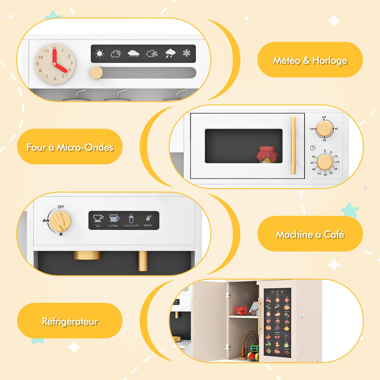 COSTWAY Cuisine Enfant avec Réfrigérateur, Tableau Mural Parlant Éducatif, Cuisine en Bois Enfant avec Lumières et Sons, Cuisinière, Cafetière, Micro-Ondes, Horloge, pour Garçons Filles 3+ Ans