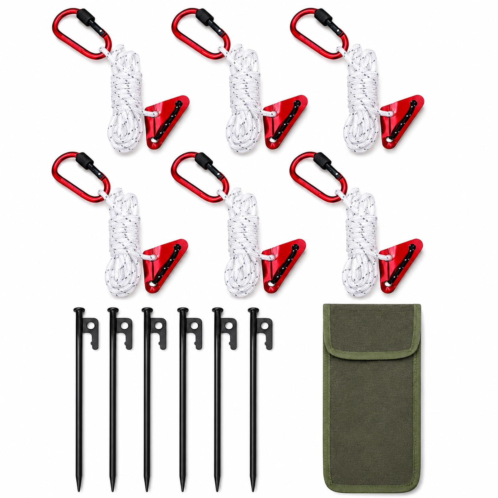 Camping Guyline Kit with Carabiner, 6 x 4m Reflective Tent Guy Ropes, 6 x 30cm Metal Tent Pegs, Rope Tensioners and Carry Pouch for Tents, Tarps, Canopies, Awnings and Shelters，White — image 1