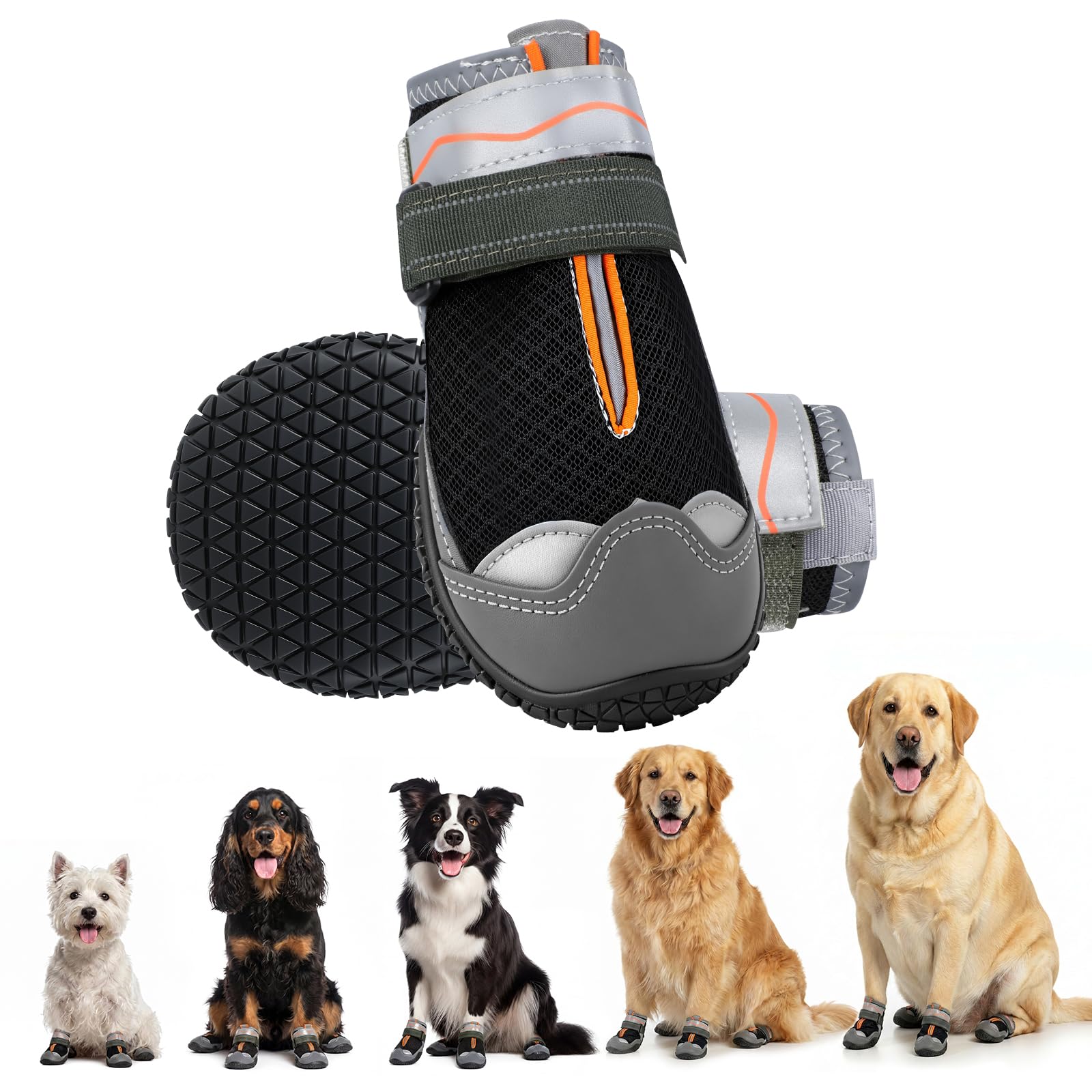 Gimars Pet Dog Shoes, Breathable Mesh Dog Boots with Reflective Straps, Anti-Slip Rugged Sole Paw Protector for Summer Hot Pavement, Walking, 2Pcs - Black & Orange Size 5