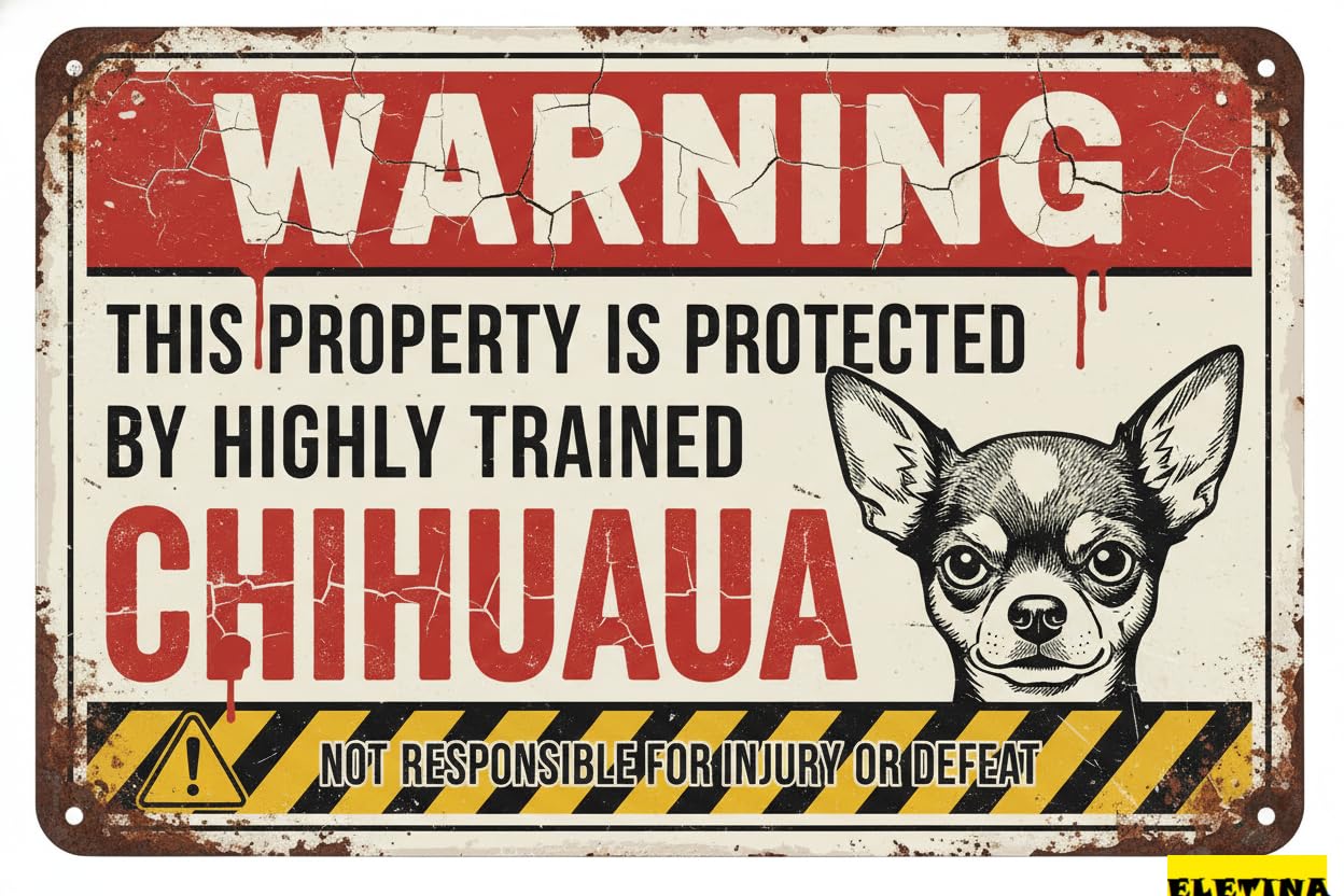 Vintage Metal Tin Sign for Man Cave Warning This Property Is Protected By A Highly Trained Chihuahua Beware Halloween S Yard 8x12in Private Decorative