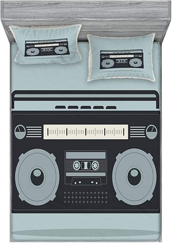 Ambesonne Juego de sábanas bajeras y fundas de almohada Hip Hop, imagen clásica de los años 80 Boombox sobre garabatos, fondo retro, tema nostálgico