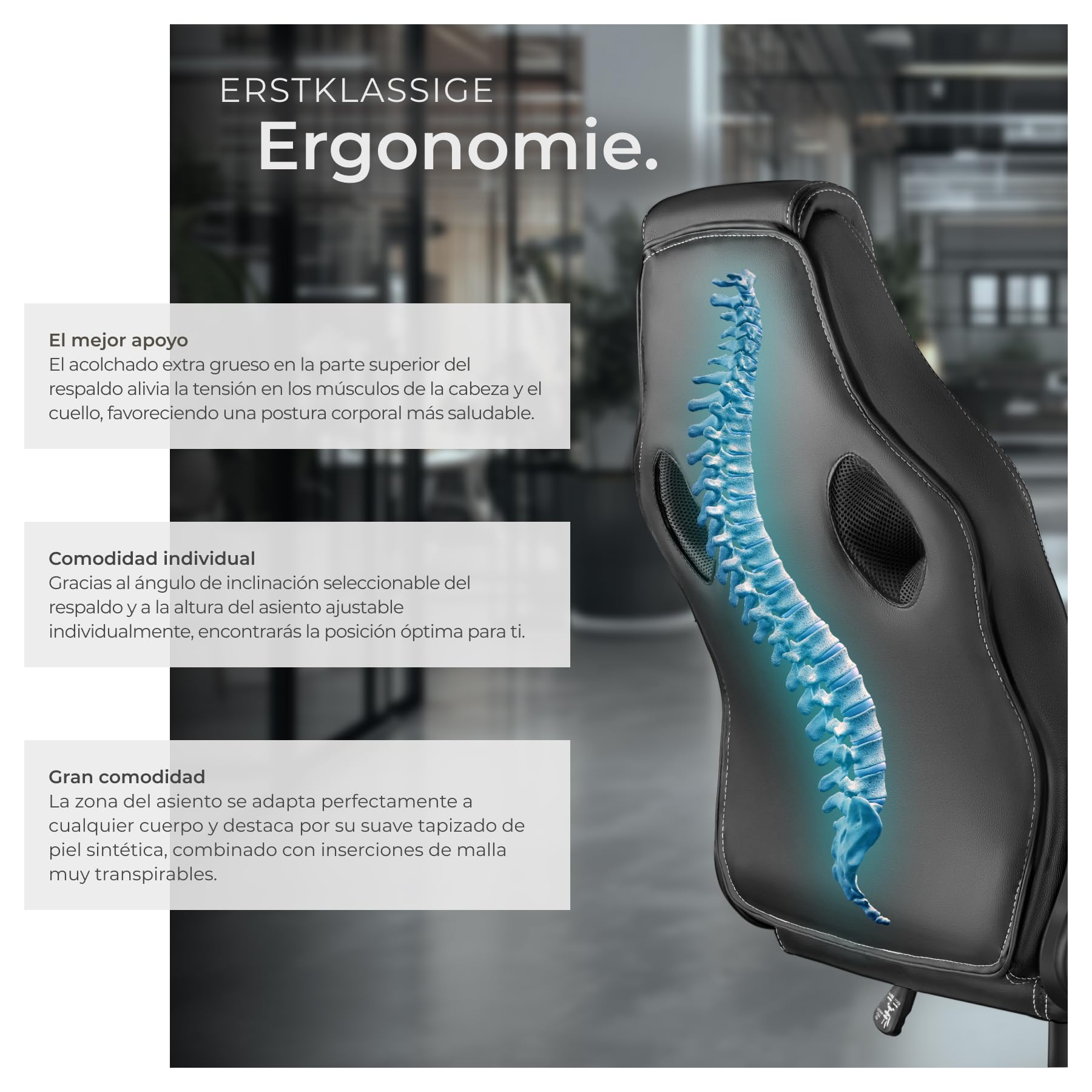 tectake® Silla Gaming, Silla Ergonomica Escritorio, Ordenador, Altura Ajustable, 5 Ruedas Dobles, Diseño Moderno, Acolchado Grueso, Tejido de Malla, Silla Oficina, Silla Escritorio - Negro