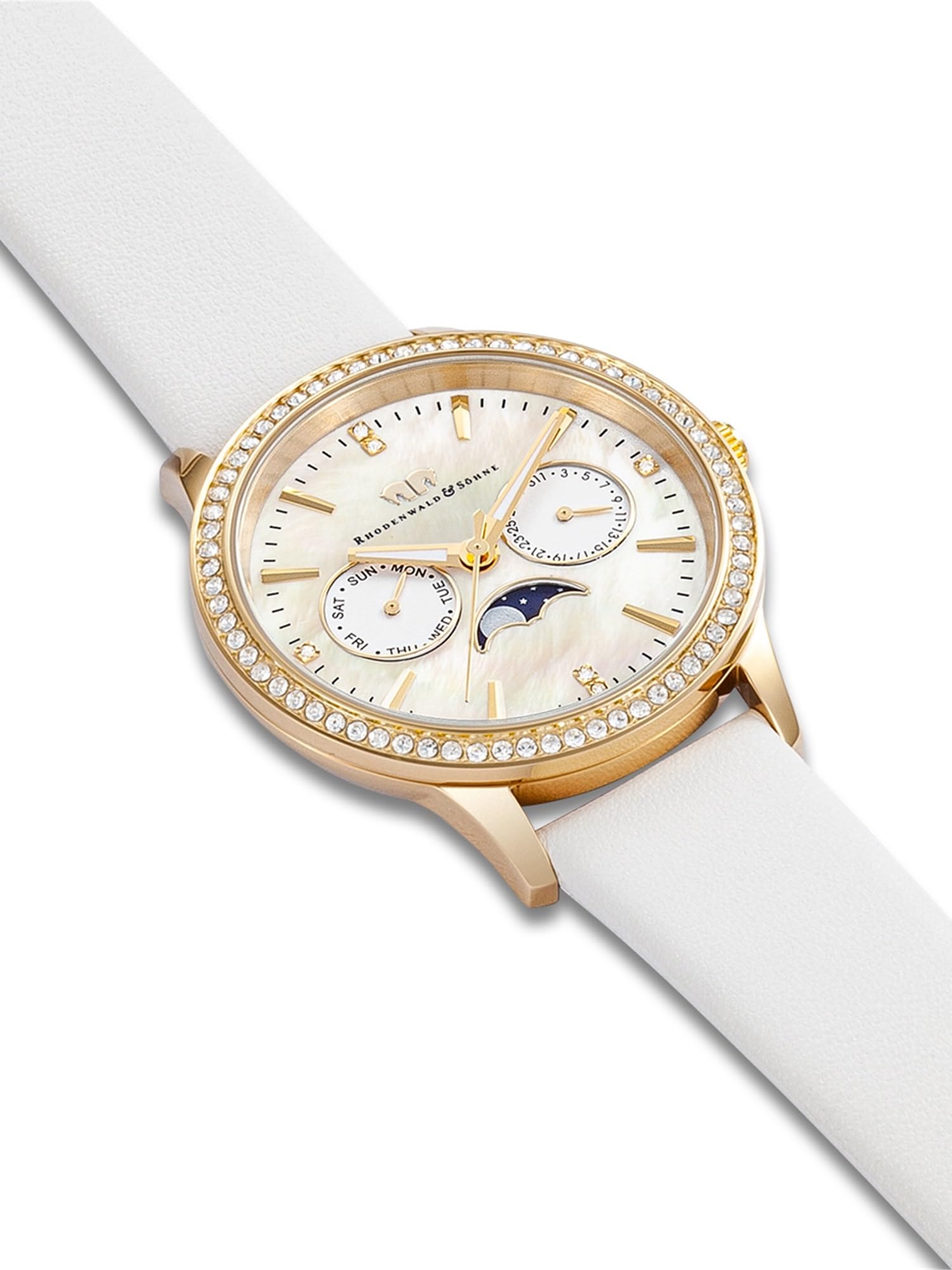 Rhodenwald & Söhne Damen Uhr Edelstahl Gelbgold Multifunktion(en) Quarzwerk | Echtleder Armband,weiß,Verziert mit Kristallen,Zifferblatt weiß,Mineralglas,Obélisque-Zeiger,3 ATM,Armbanduhr,analog,Frauen