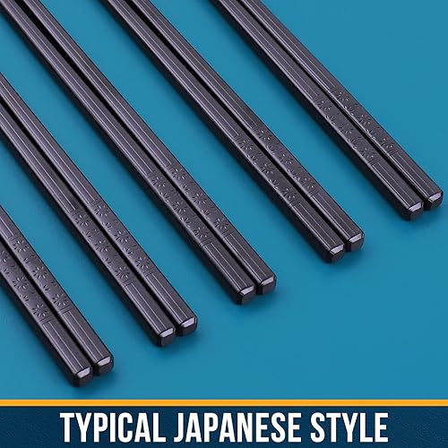 Miniatura 4 de Palillos, GLAMFIELDS 5 pares de palillos negros premium reutilizables para sushi, palillos japoneses mate antideslizantes con estuche de regalo