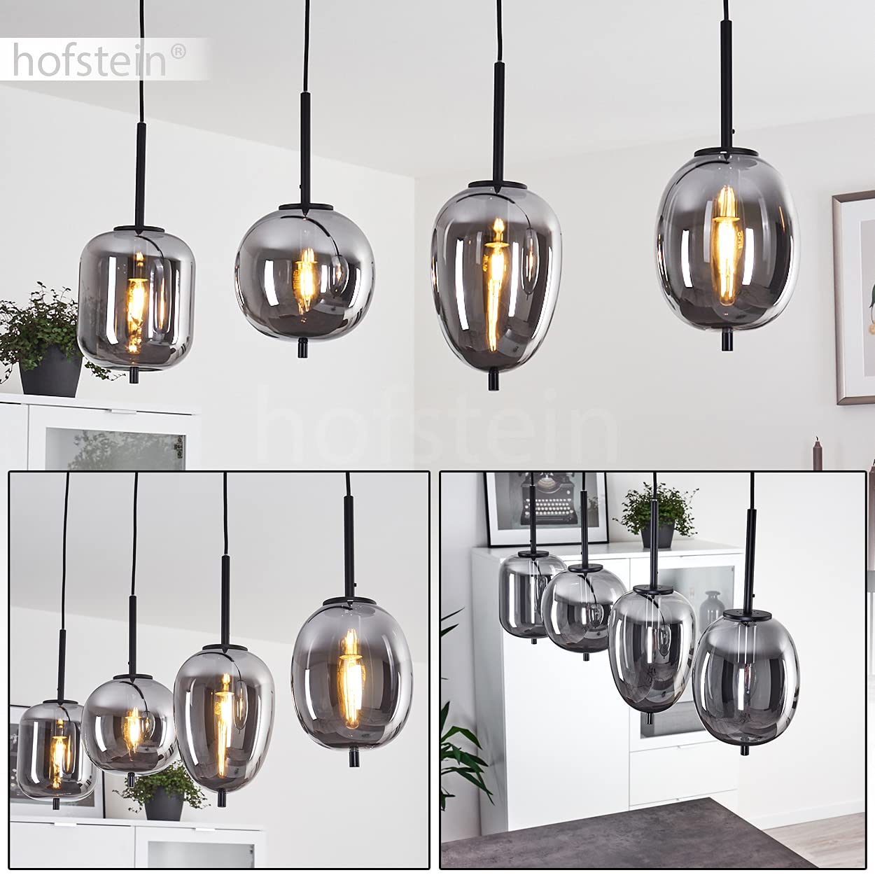 HOFSTEIN Hängeleuchte Verbania, 4-flammige Hängelampe aus Metall/Glas in Schwarz/Chrom-/Rauchfarben, moderne Leuchte im Retro/Vintage-Design, Höhe max. 120 cm, E14, Esszimmer, Küche, Wohnzimmer