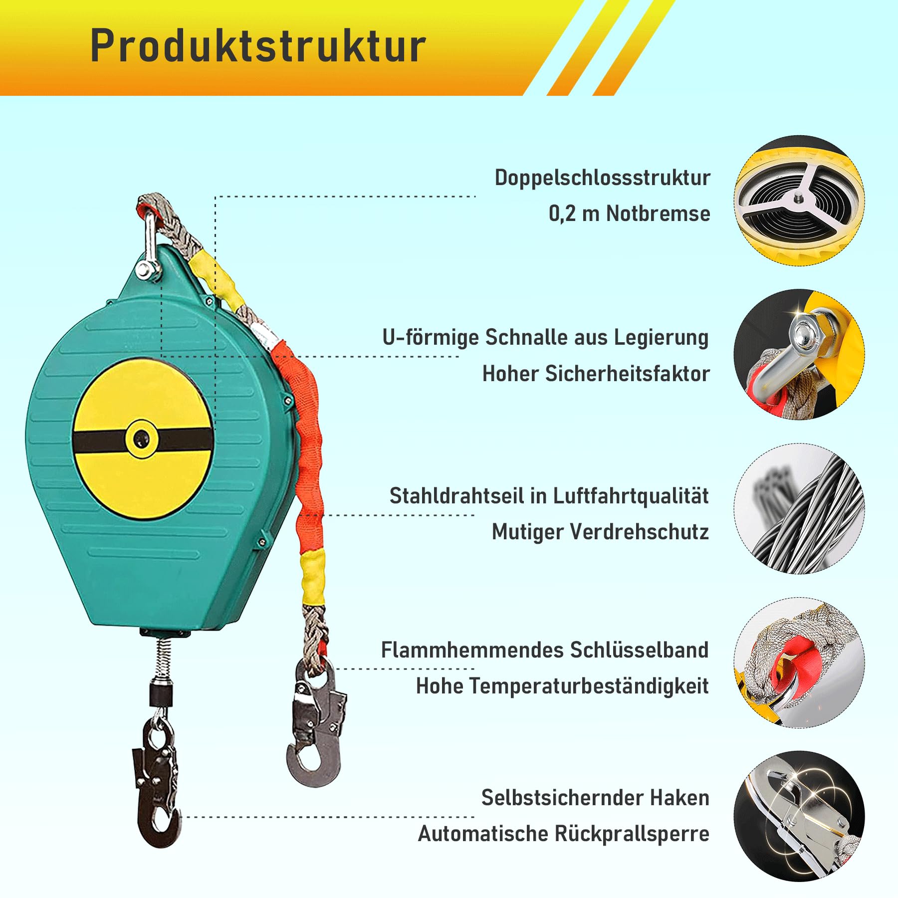 Höhensicherungsgerät Absturzsicherung Einziehbar 3-20m(Size:10m)
