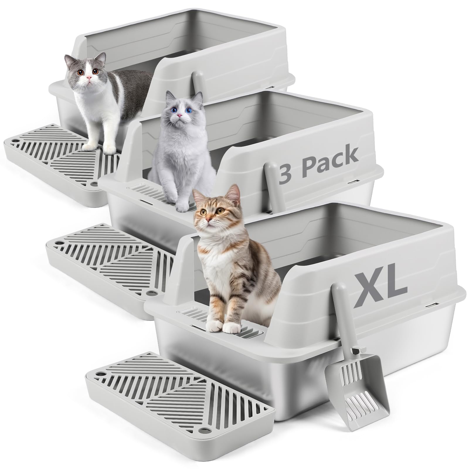 Bartuke 3 Pack Stainless Steel Litter Box, XL 22.9” x 15” x 10.3” High Sided Metal Cat Litter Tray with Scoop, Filter Pedal for Anti-Splash, Non-Sticky, Easy to Clean (Light Grey)