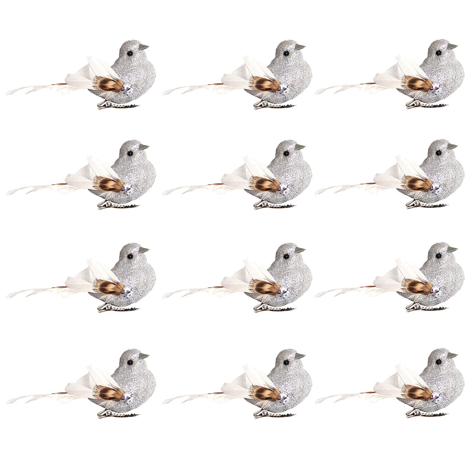 ZHDOKA 12Pcs Glitter Christmas Cardinal Birds with Clips, Artificial Foam Birds with Long Tail Feather, Clip On Bird Xmas Tree Ornaments (Silver)