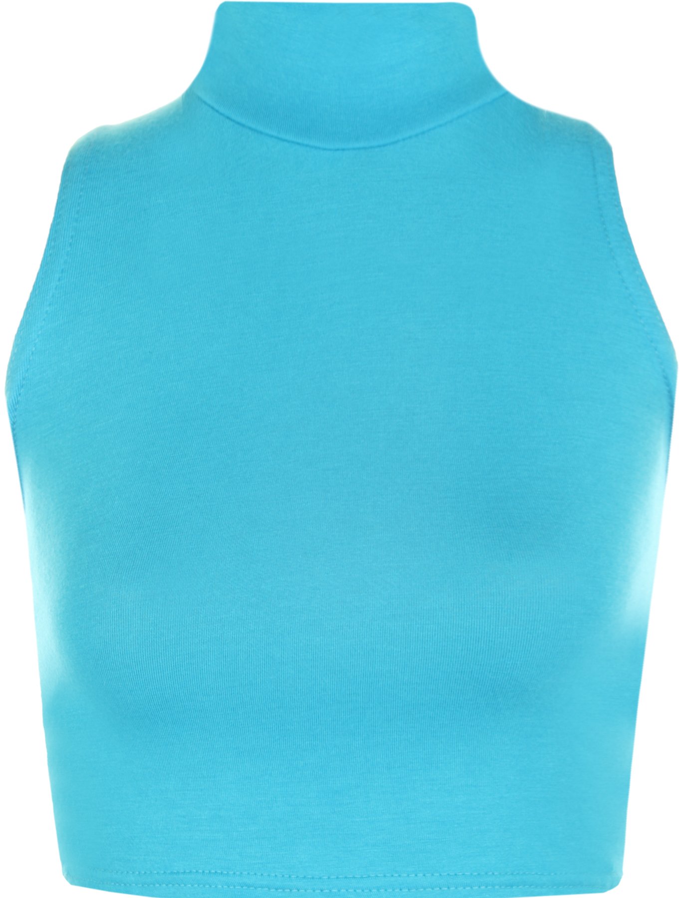 WearAll Womens Turtle Neck Crop Ladies Short Plain Sleeveless Polo Look Vest Top - Turquoise - 12/14