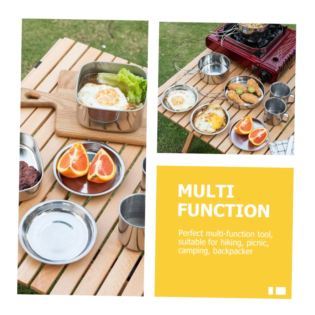 POPETPOP Set de Casserole Pliable Portable en Acier Inoxydable pour Camping | Poêle et Assiettes Rondes, Gobelets Inclus, Format Léger à Emporter pour Randonnée et Pêche