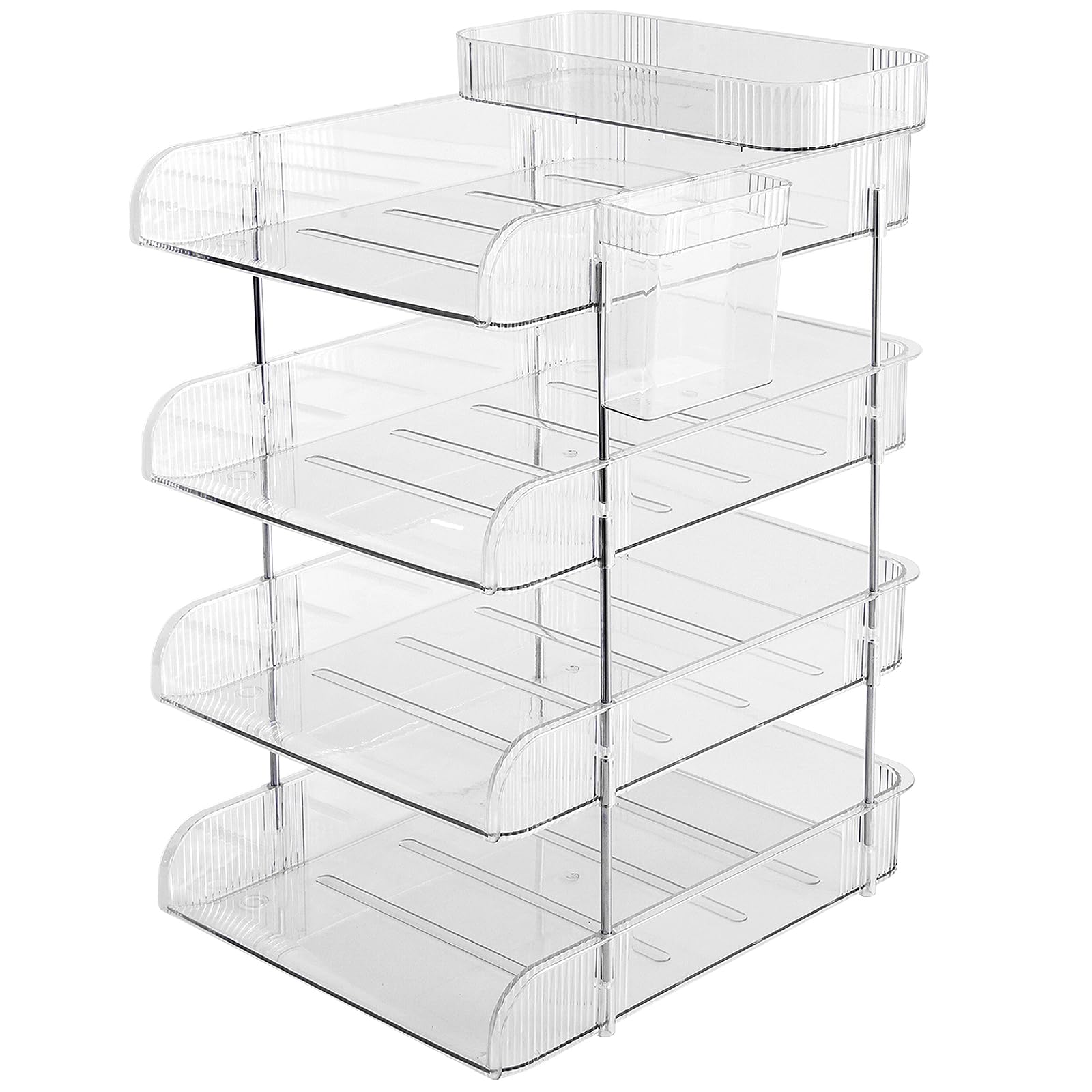 Organizador de papel acrílico de 4 niveles con soporte para lápices y bandeja superior, bandeja para cartas, organizador de archiv
