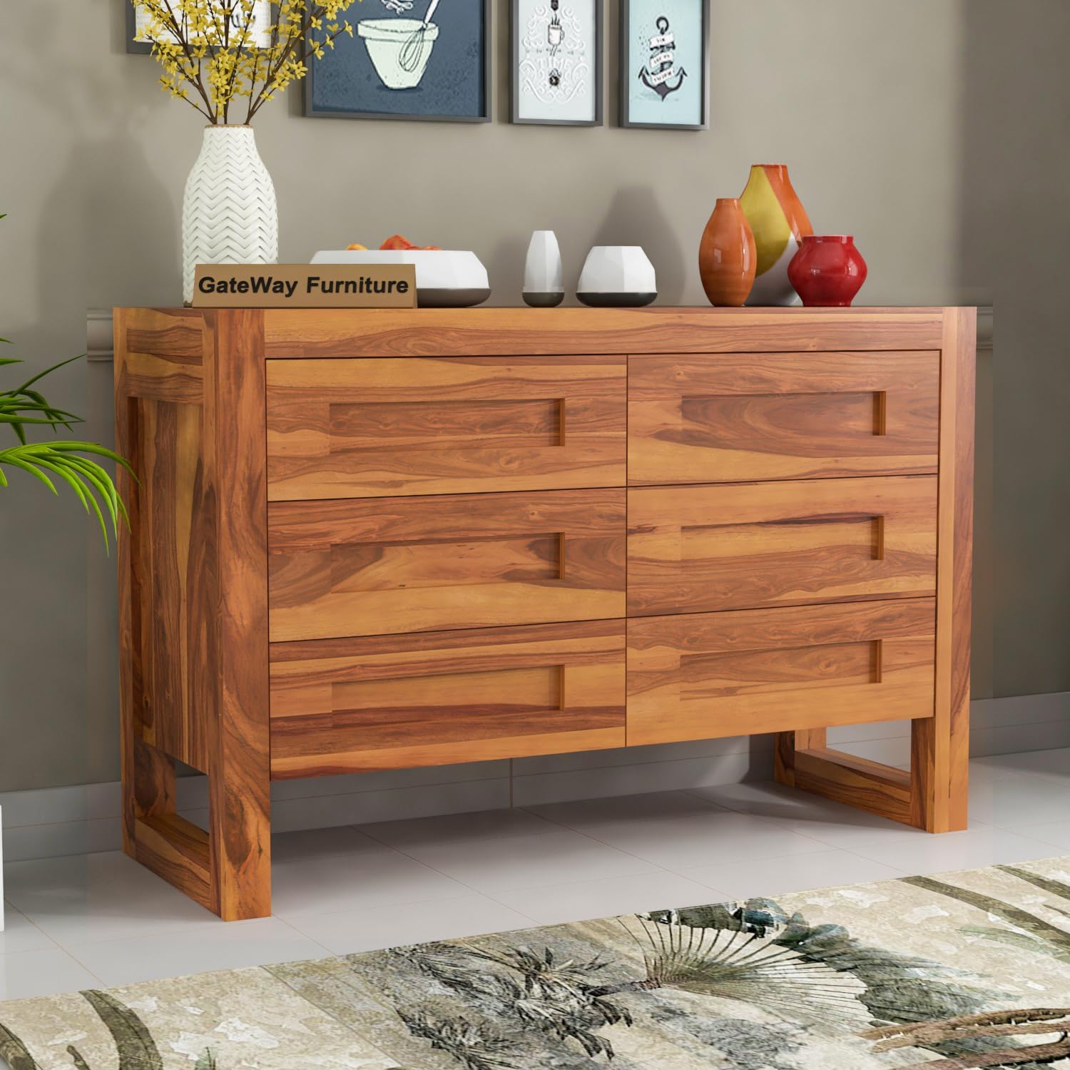 GateWay Furniture Solid Sheesham Wood Wooden Chest of Drawers with 6 Drawer Storage | Multipurpose Storage Cabinet Rack for Bedroom Home Living Room (Design 4, Honey Finish)-image-7