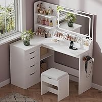JUMMICO Toeletta per Trucco con Specchio LED e Presa USB, Scrivania a L con Sgabello