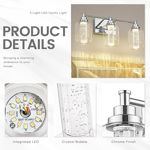 Miniatura 3 de zeyu ZJF74B LED-3W CH - Lámpara de tocador de baño de 14 W, 3 modos de color (3000 K4000 K5000 K), acabado cromado con burbuja de cristal y vidrio