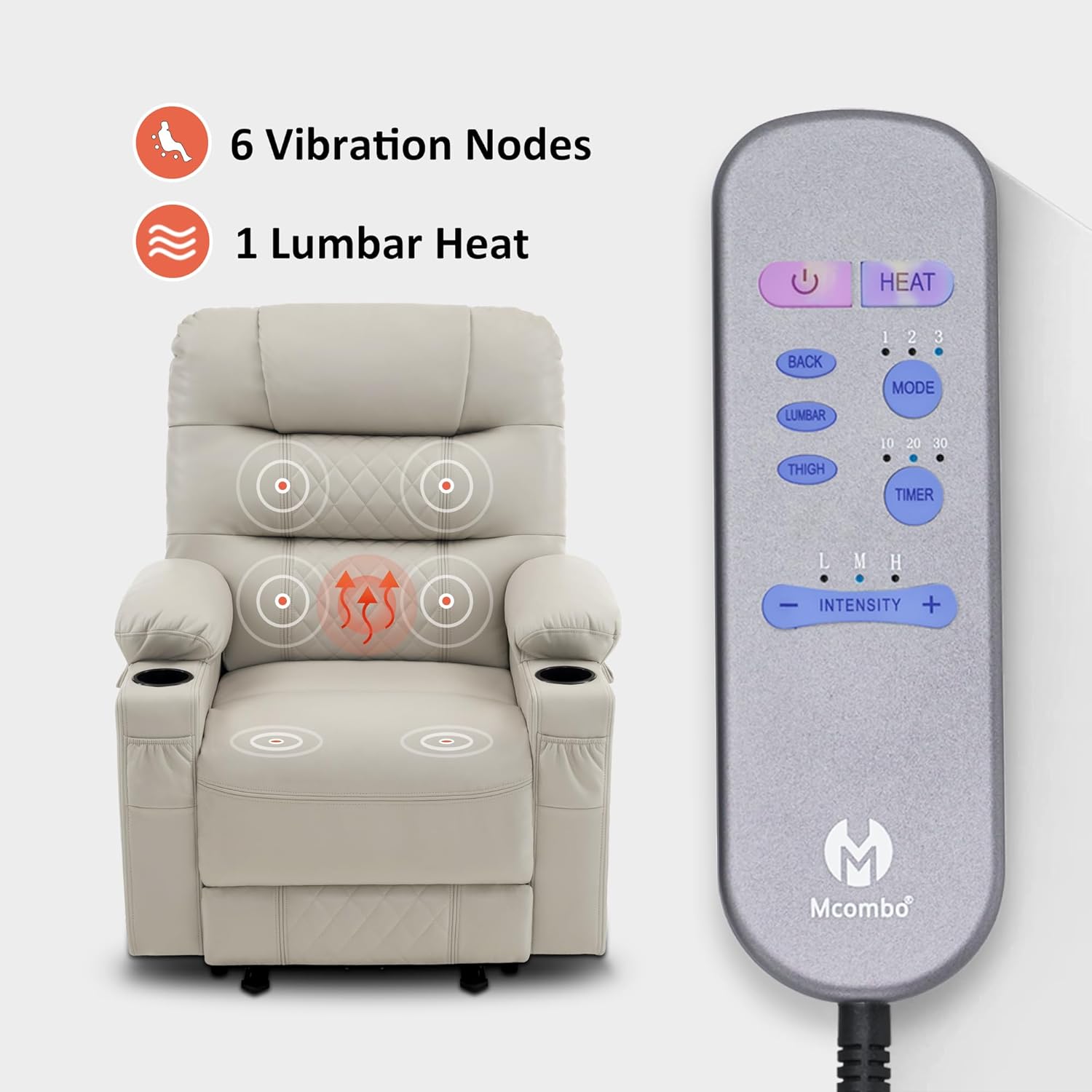 MCombo Zero Gravity Power Recliner Chair with Heat and Vibration Massage, Reclining Chair with USB Ports, Cup Holders for Living Room, Faux Leather PR621 (Light Grey)