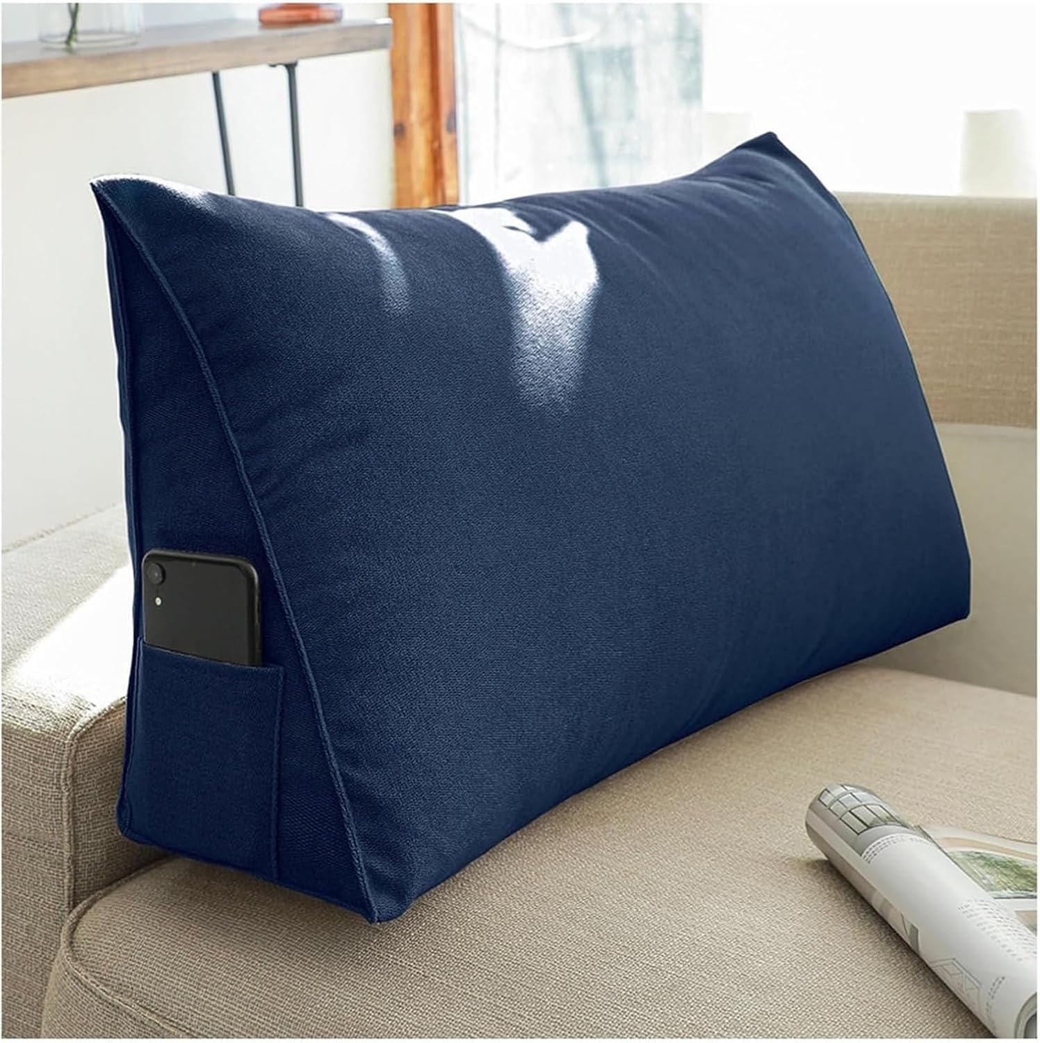 Przytulna poduszka do czytania na łóżko i sofę, oparcie lędźwiowe ze zdejmowaną poszewką, ergonomiczne podparcie dla komfortu, granatowa, 90 x 35 x 20 cm