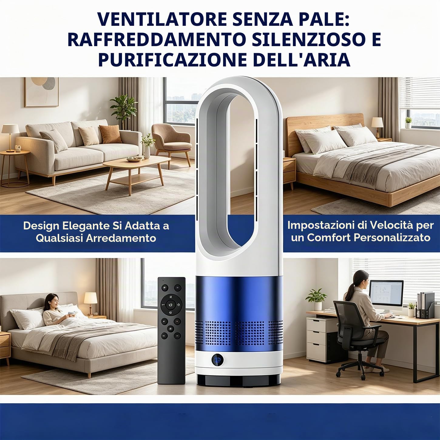 Ventilatore a torre senza pale caldo e freddo da 45,7 cm, oscillante, circolatore d'aria con 8 velocità, timer, purificatore intelligente con telecomando per camera da letto, casa