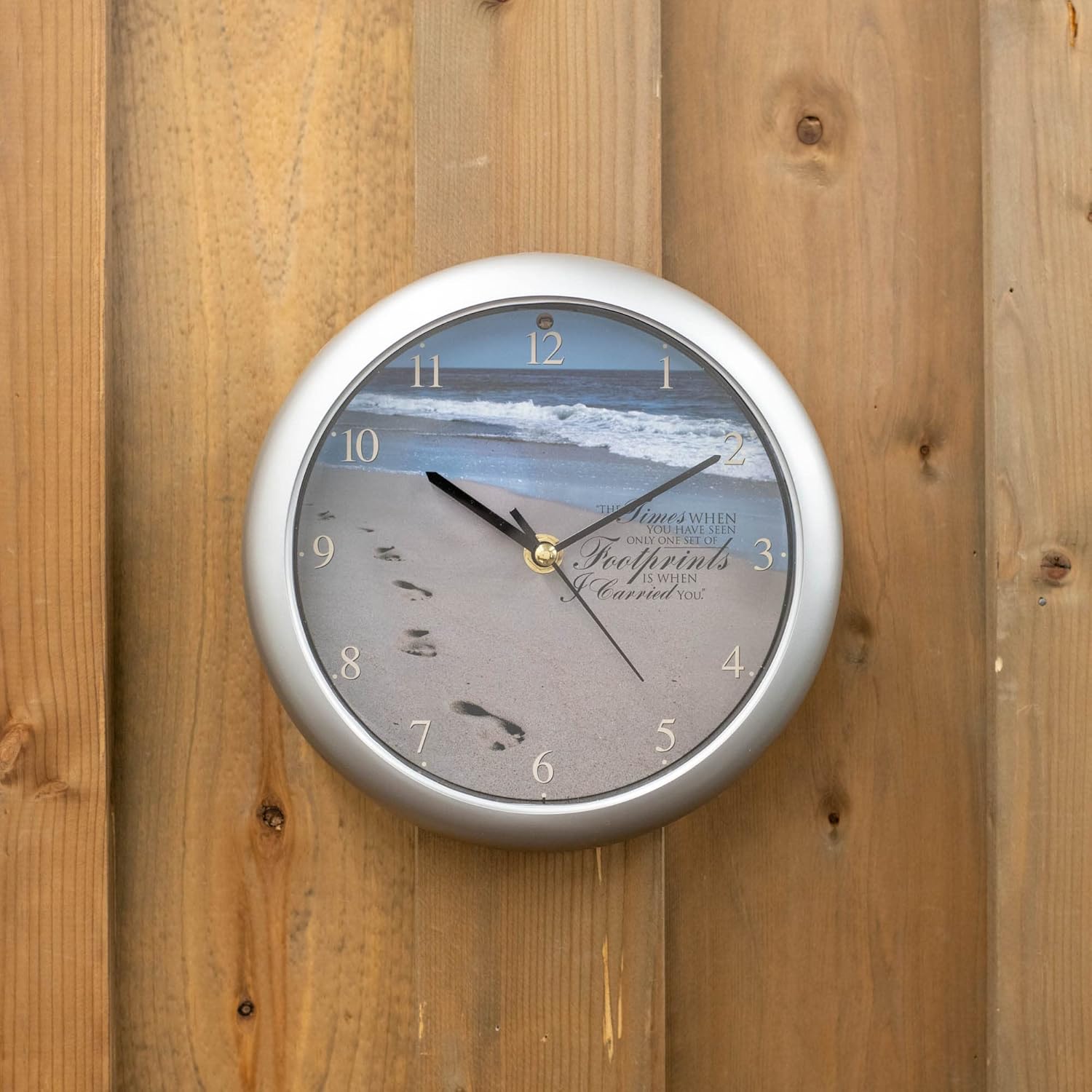 Mark Feldstein & Associates Footprints in The Sand Inspirational Silver Tone 8 inch Three Hymn Sound Clock