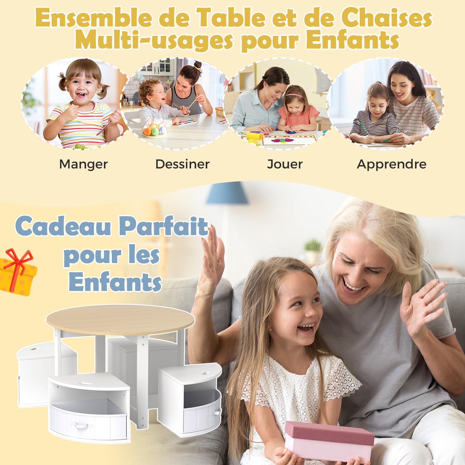 COSTWAY Table Enfant Ronde avec 4 Chaises Empilables, Table d’Activité en Bois avec 4 Tiroirs en Tissu Pliable, Bureau Montessori pour Salle de Jeux Chambre d'enfant, Charge 50/90 pour 3 Ans+