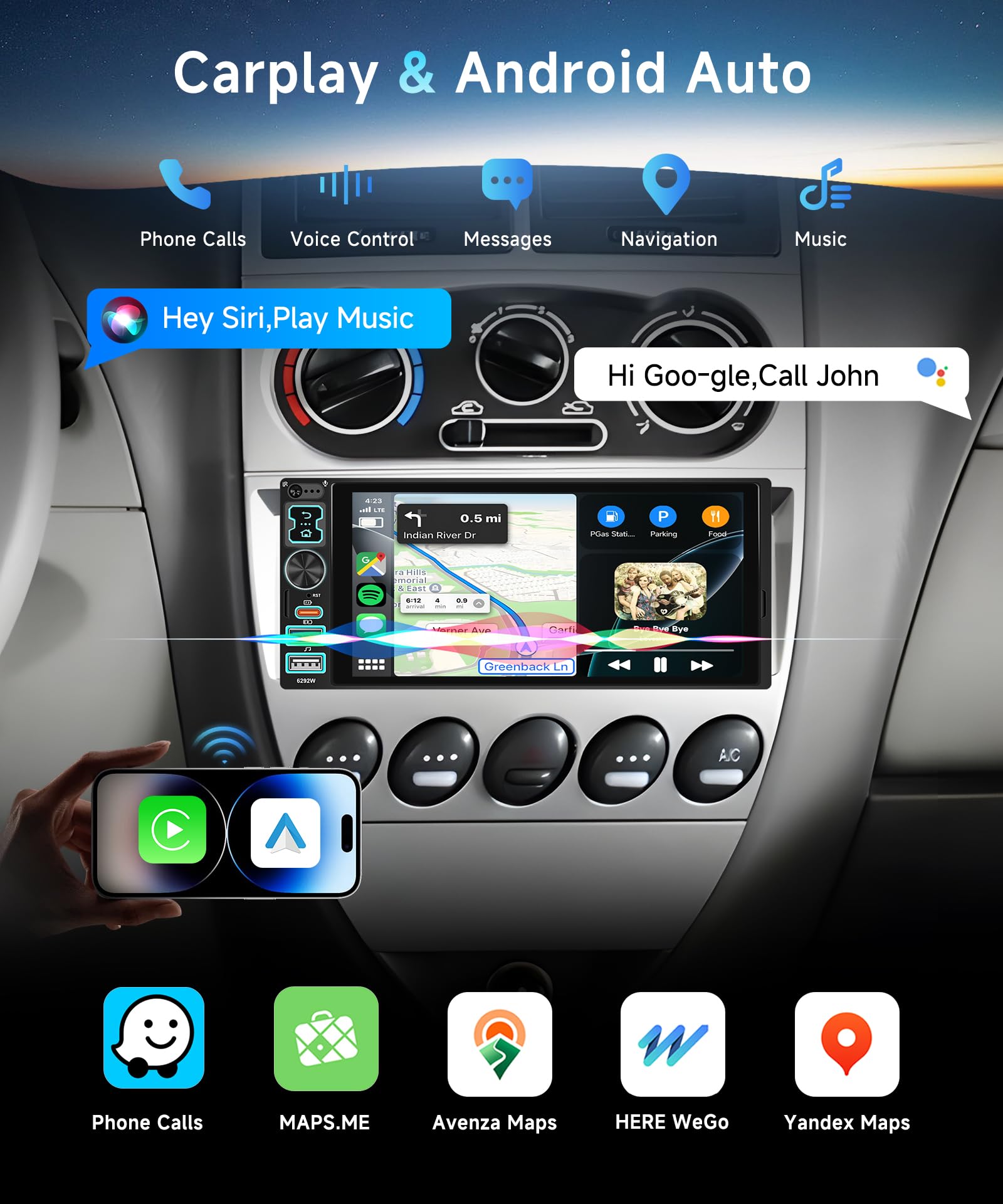 VECHTEL 6,8" radio samochodowe 1 Din z bezprzewodowym systemem Android Carplay, radio FM Bluetooth z ekranem dotykowym IPS, Airplay, EQ, WiFi Navi GPS, USB/Type-C, radio samochodowe z ekranem