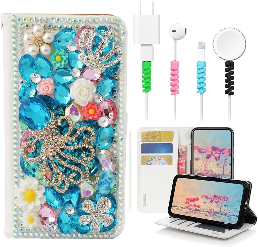 STENES Bling Wallet Phone Case Compatible with Samsung Galaxy Note 10 Plus - Stylish - 3D Handmade Gemstone Octopus Crown Leather Cover with Cable Protector [4 Pack] - Light Blue