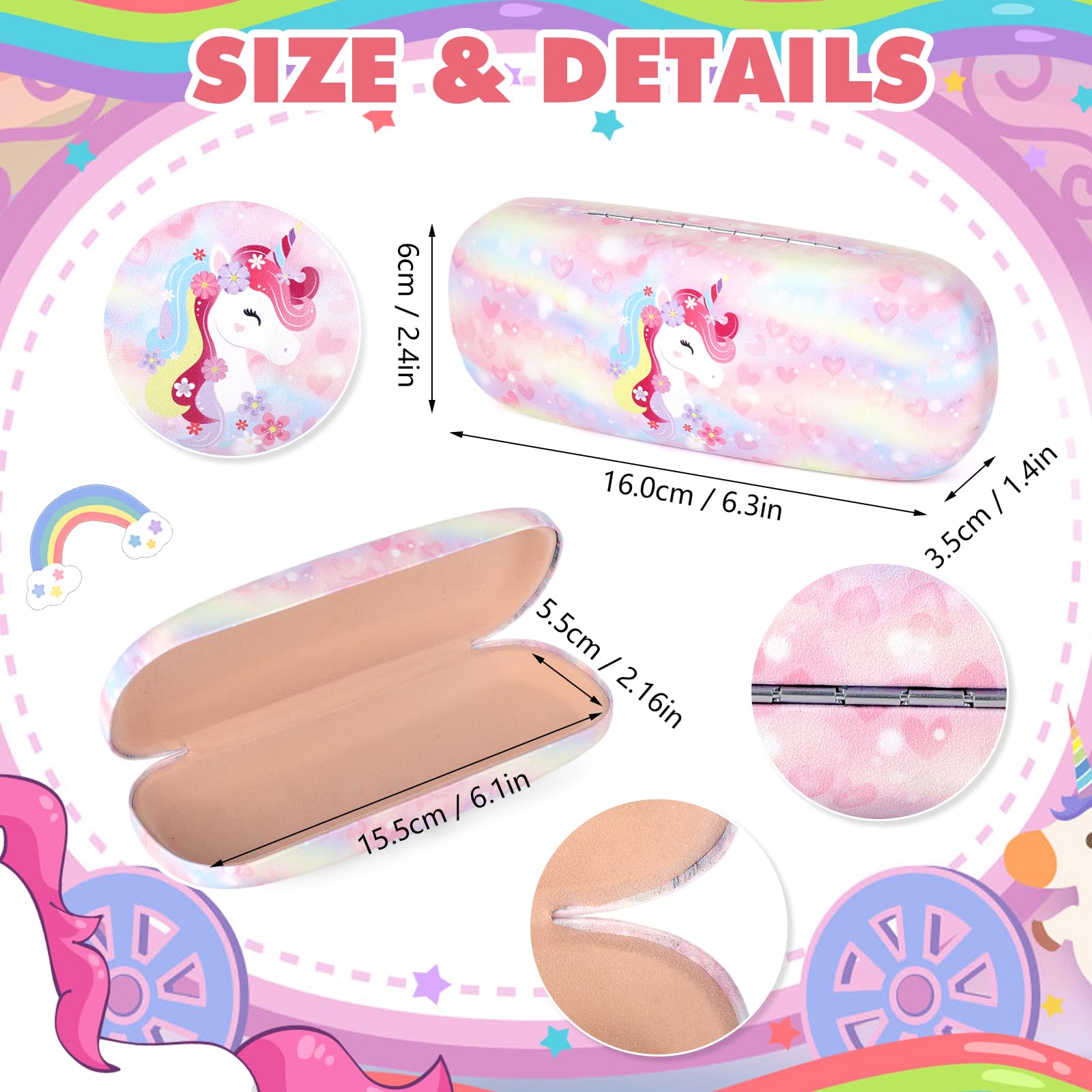 Unicorno Custodia Occhiali Rigida Bambina,Custodia Occhiali Morbida Cordino Ferma Occhiali Custodia Portatile per Ragazza Viaggio Studio