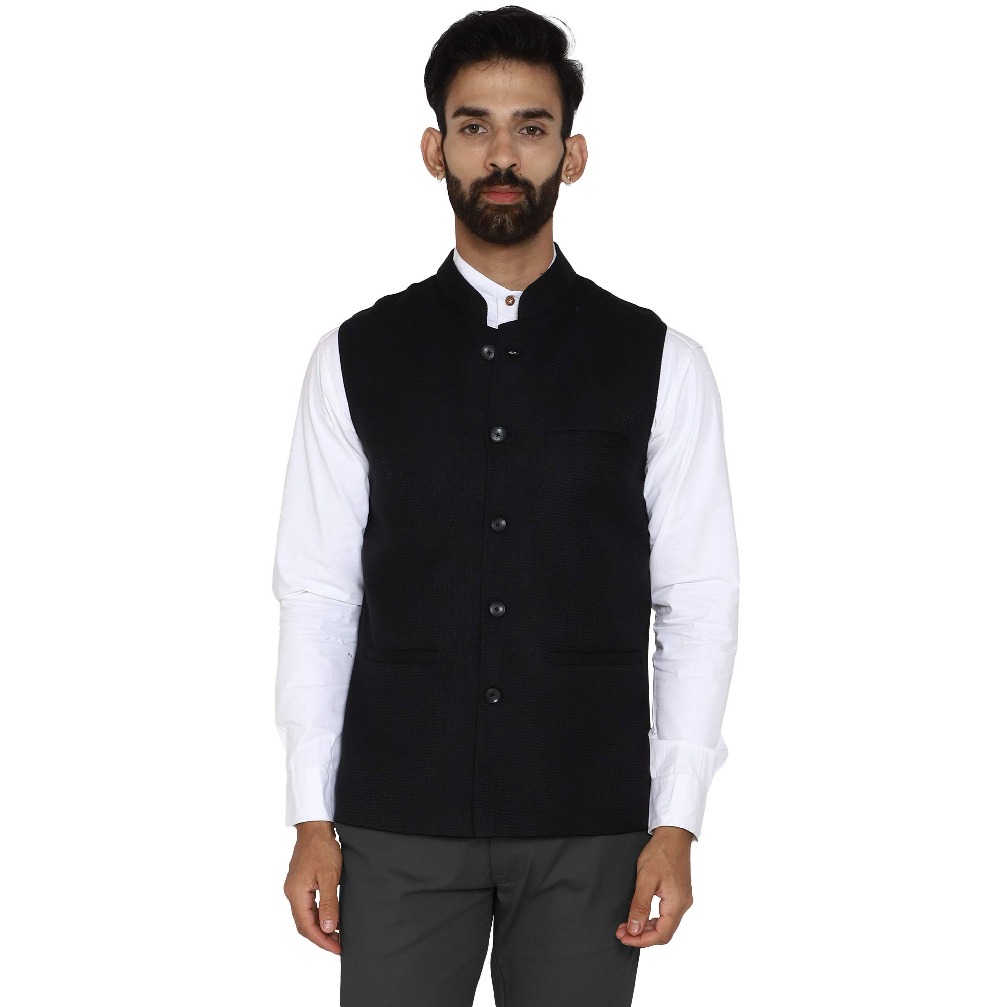 Men's Solid Pencil Black Woollen Dobby Tweed Bandhgala Ethnic Nehru Jacket-image-40