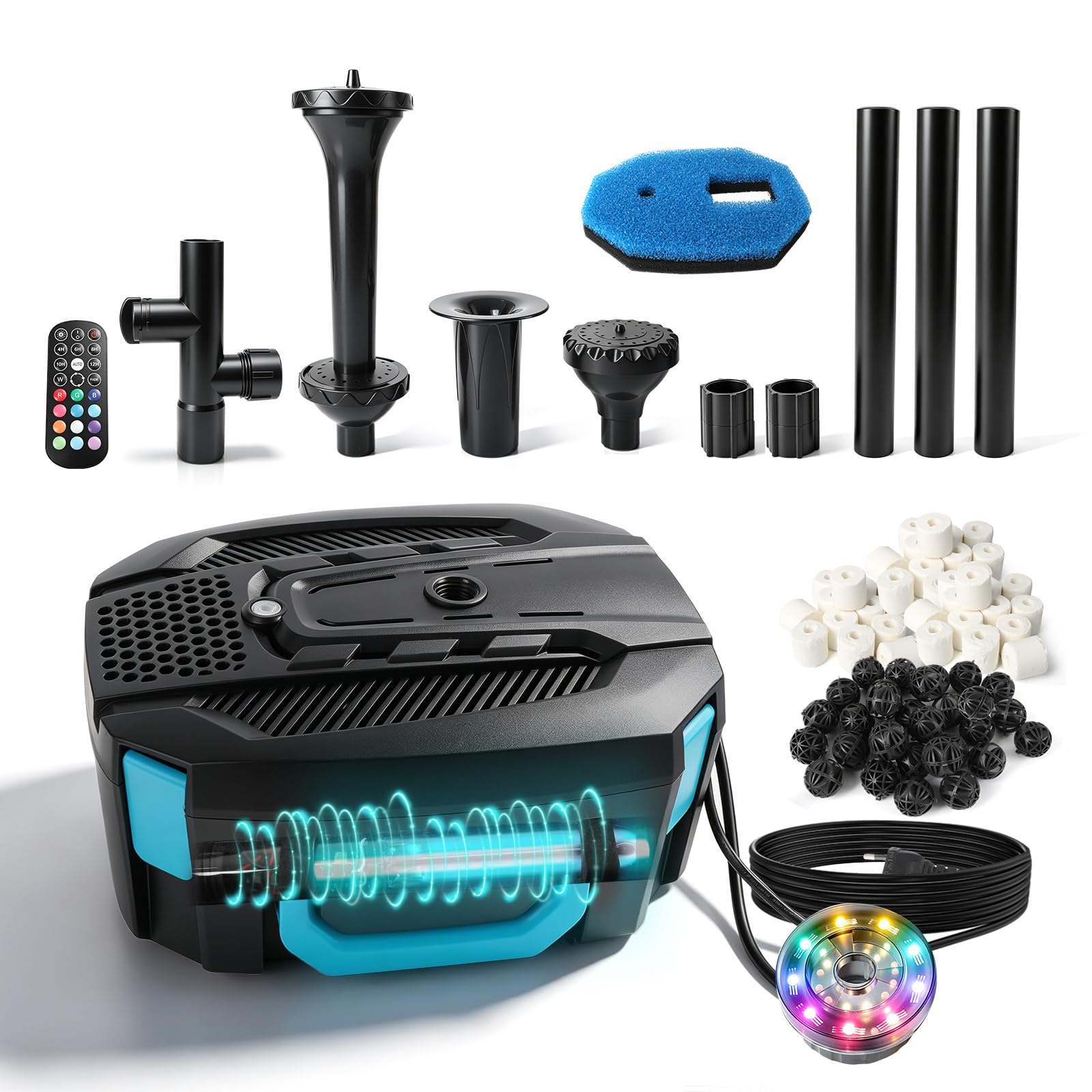 Fontana per laghetto con chiarificatore UV e luci a LED, pompa a fontana da 3300 l/h 45 W e filtro per laghetto, luci con telecomando RGB, ugelli a 3 motivi per la cura del laghetto da giardino