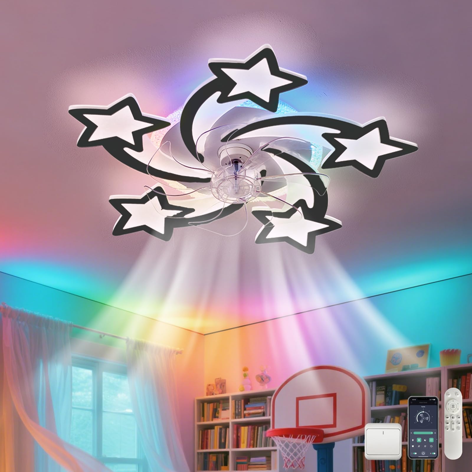RGB Ceiling Fans with Lights and Remote, Modern Star Kids Dimmable Fan Light Ceiling Reversible 6-Speed Ceiling Smart Fan Light Silent Timing, Black