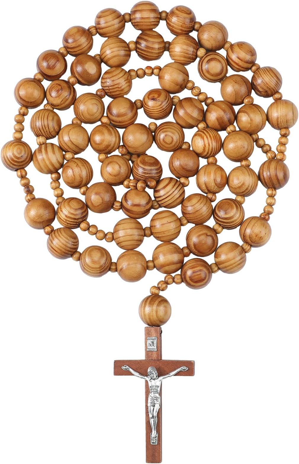 Quelay 42 Inches Catholic Holy Big Mix Beads Sanctified Rosary Handmade Natural Wood Chain Jesus Cross Large Wall Christian Rosary for Advent Prayer and Christmas Devotions