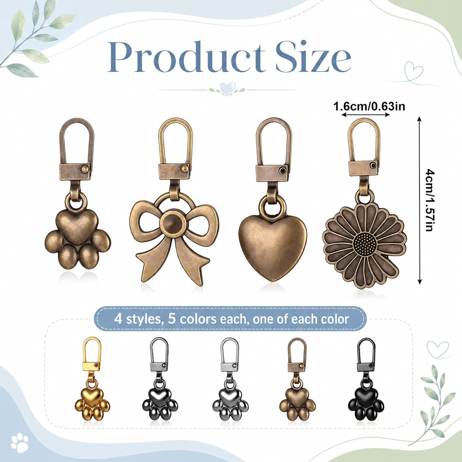 Hadnves 20 Pcs Zipper Pull Charms Zipper Heart Dog Paw Replacement Clips